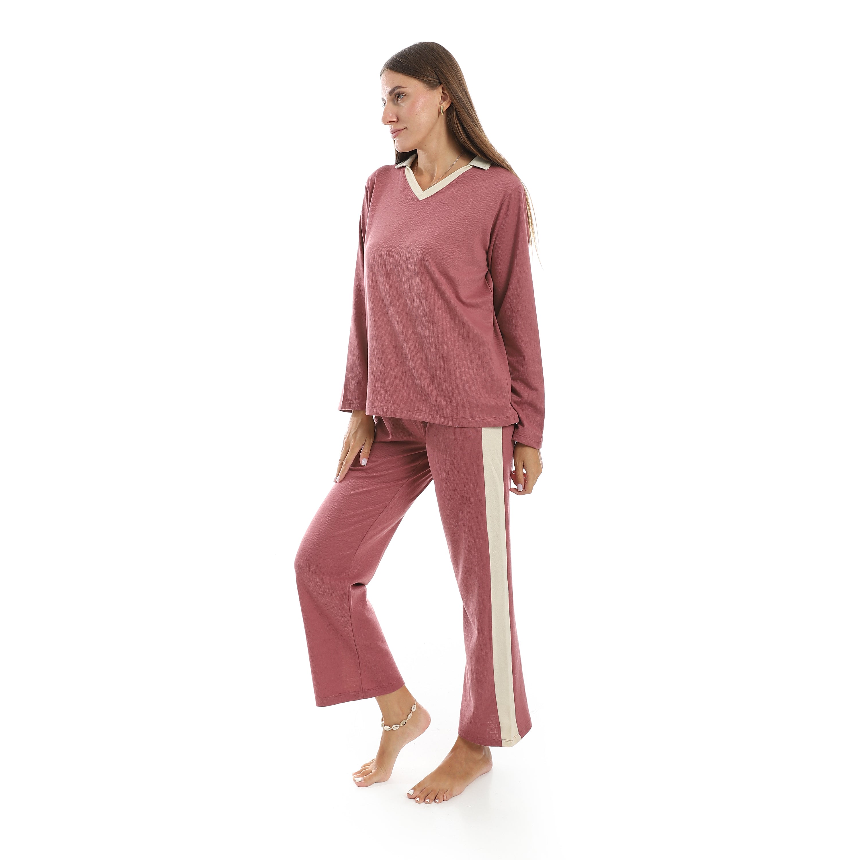 Women’s Jacquard Pajama Set – Long Sleeve Top & Pants with Beige Side Stripe
