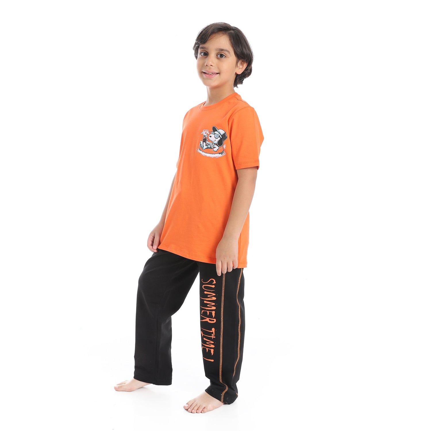 Boys' Active Summer Pajama Set – Orange T-Shirt & Printed Black Loose-Fit Pants
