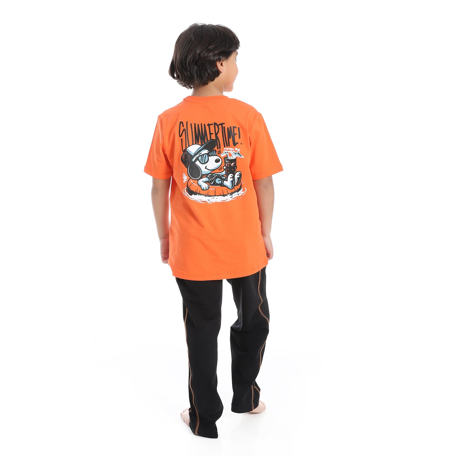 Boys' Active Summer Pajama Set – Orange T-Shirt & Printed Black Loose-Fit Pants
