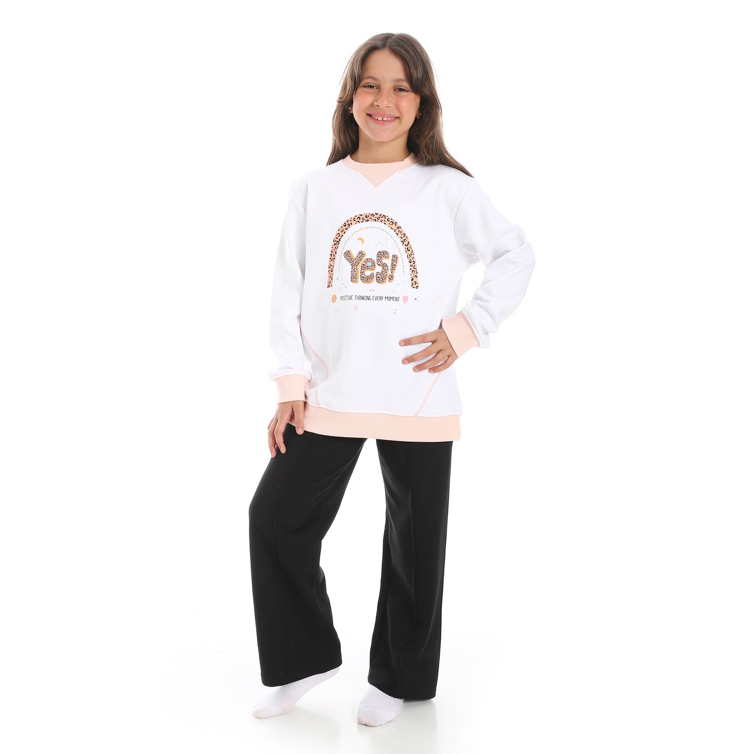 Girls' Winter Pajama Set – Off-White Hoodie and Black Wide-Leg Pants