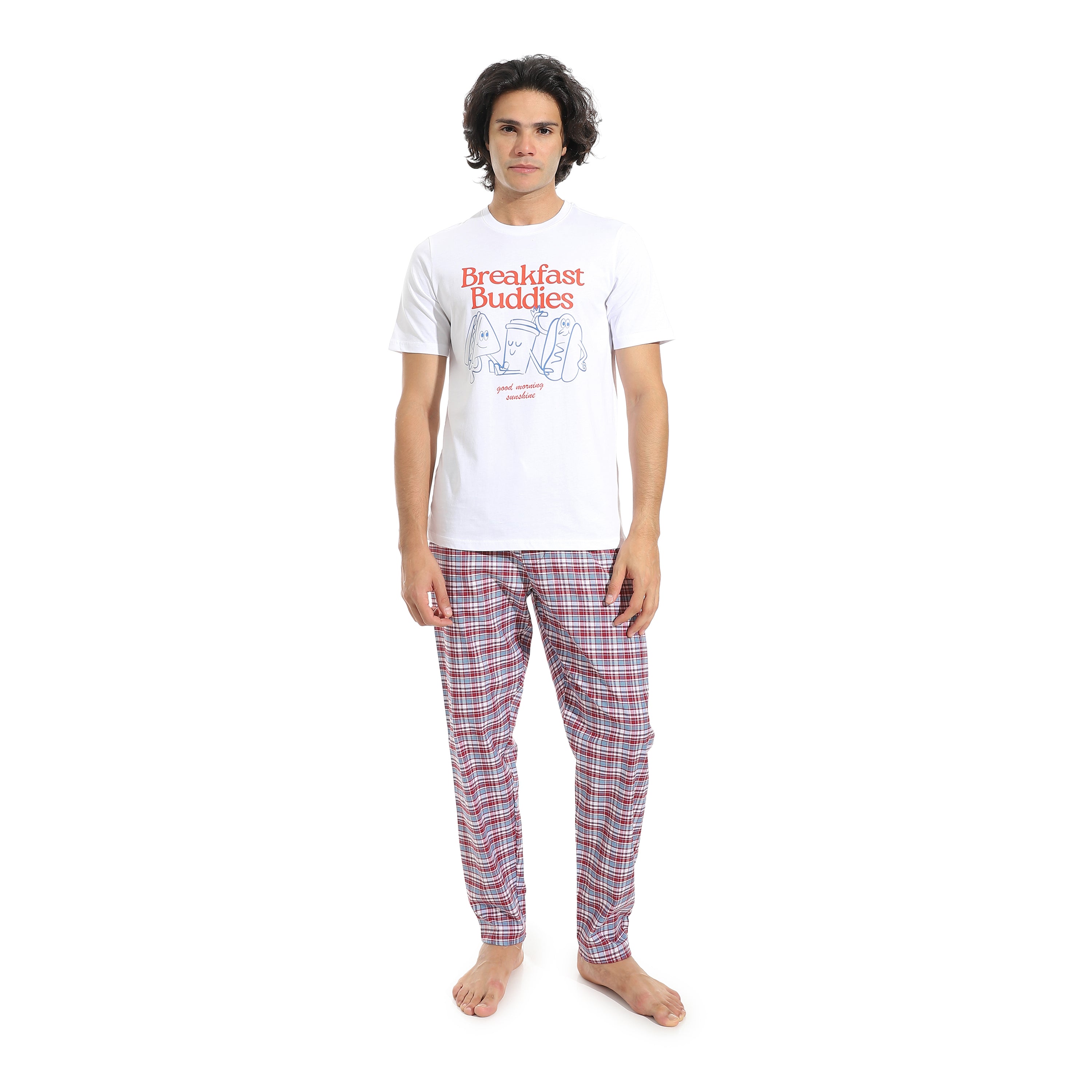 Men's Cotton Pajama Set – White Round neck T-Shirt & Red Checkered Pants