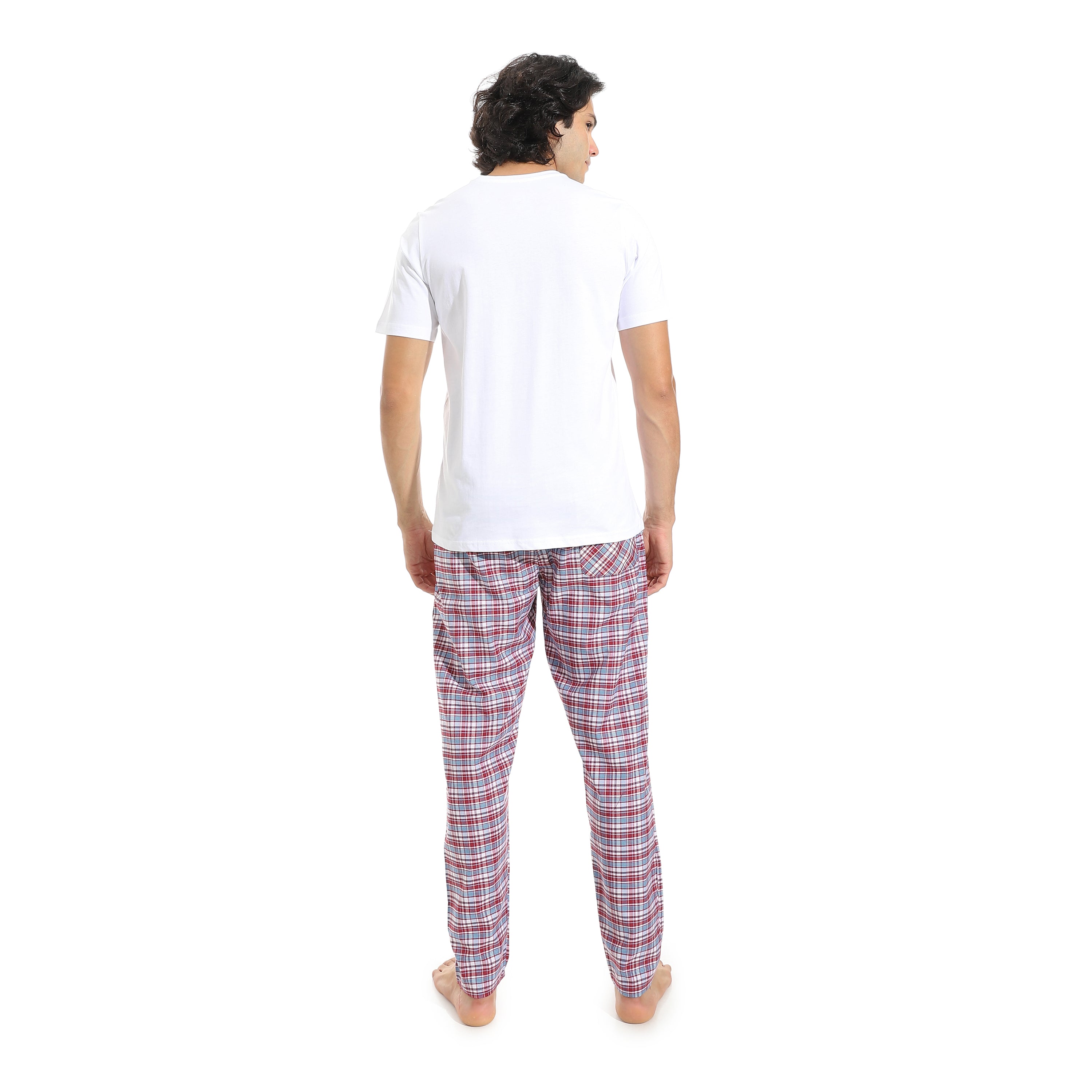 Men's Cotton Pajama Set – White Round neck T-Shirt & Red Checkered Pants