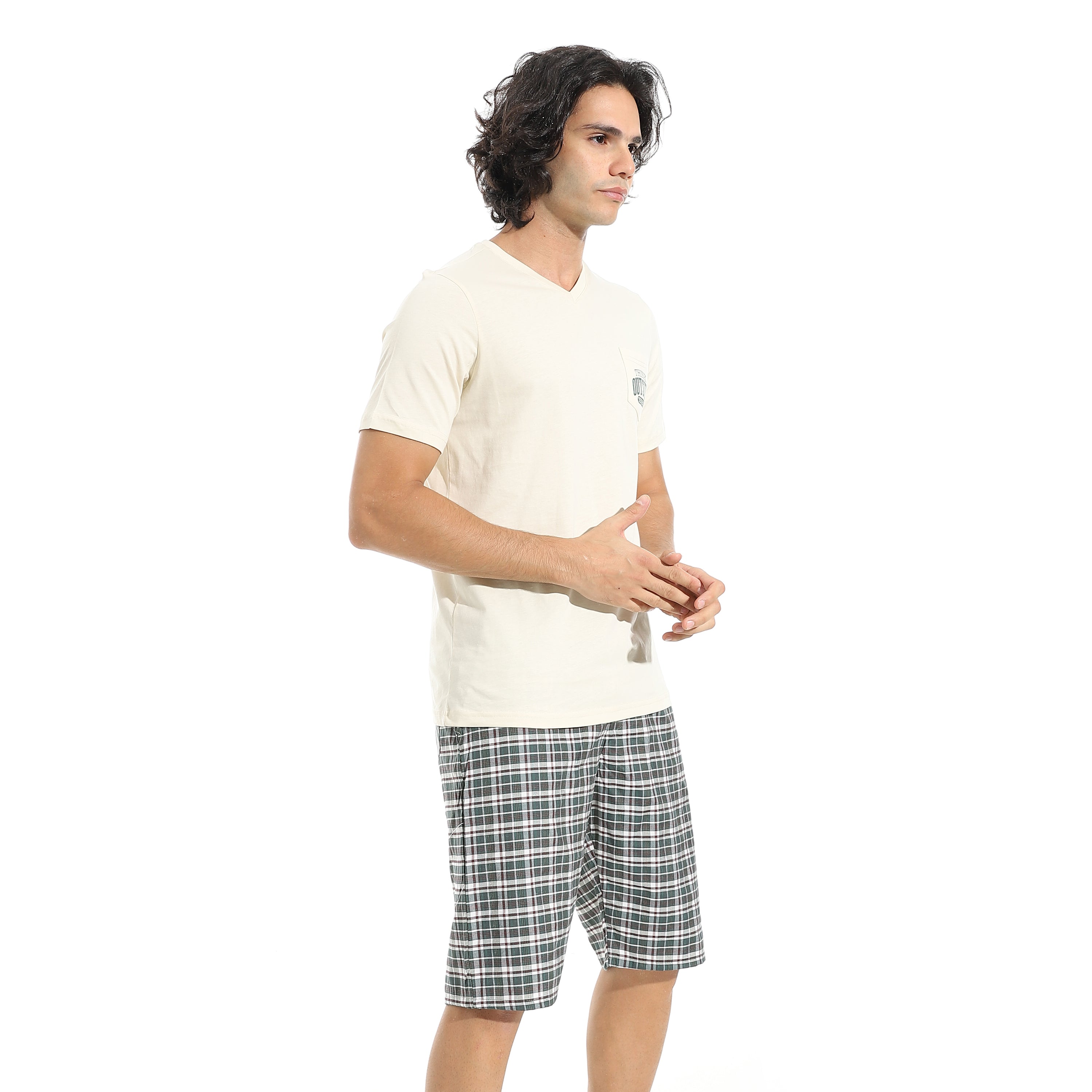 Men's Cotton Pajama Set – Off white V-Neck T-Shirt & Checkered Short