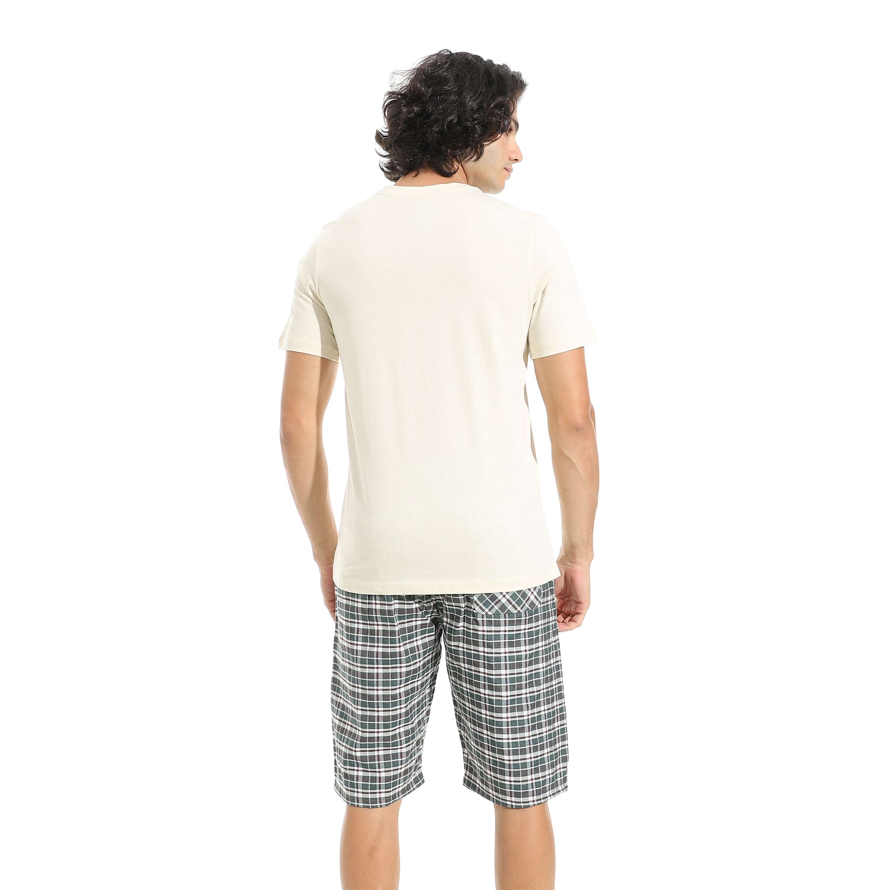 Men's Cotton Pajama Set – Off white V-Neck T-Shirt & Checkered Short