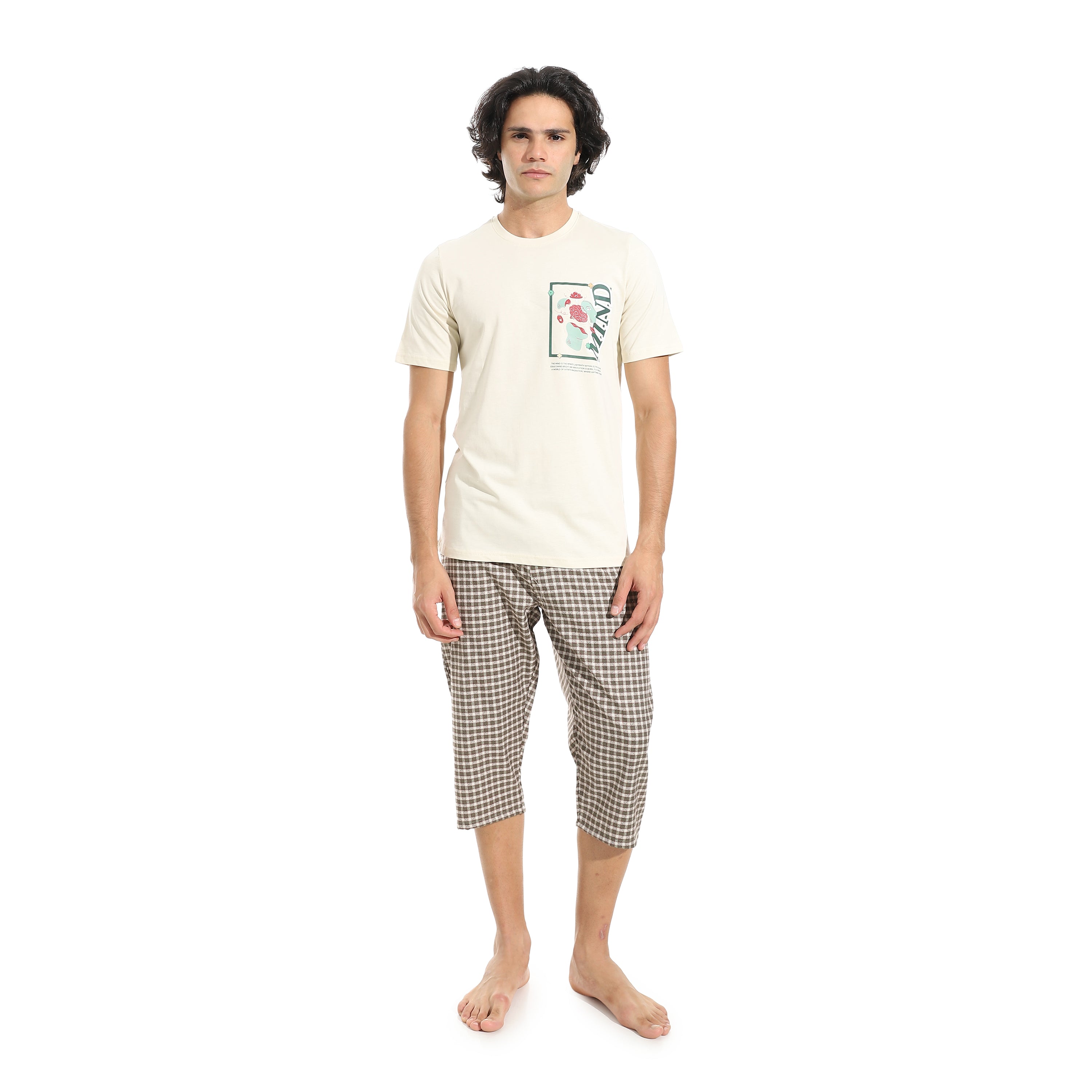 Men's Summer Pajama Set, Pantacourt & T-Shirt -Off white