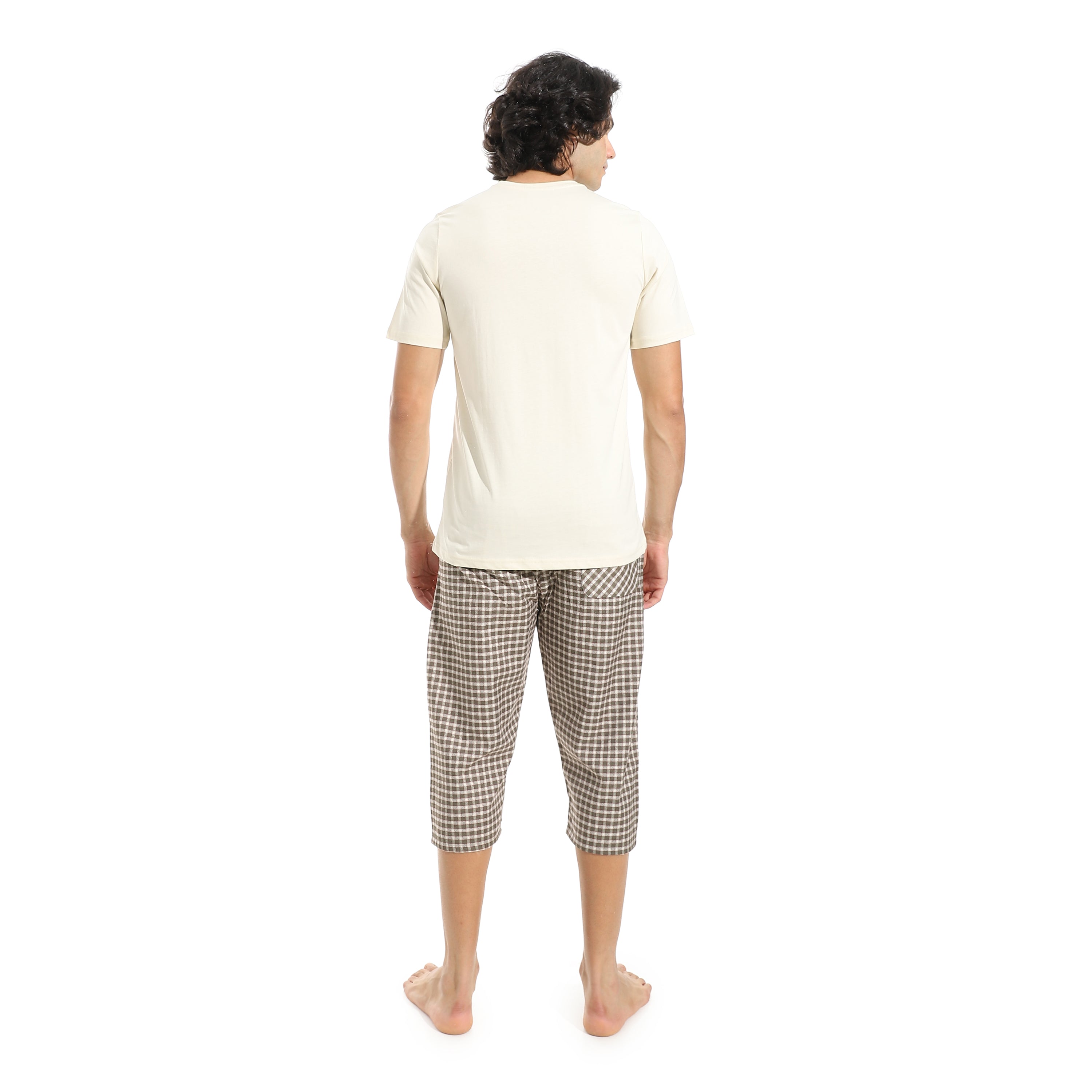 Men's Summer Pajama Set, Pantacourt & T-Shirt -Off white