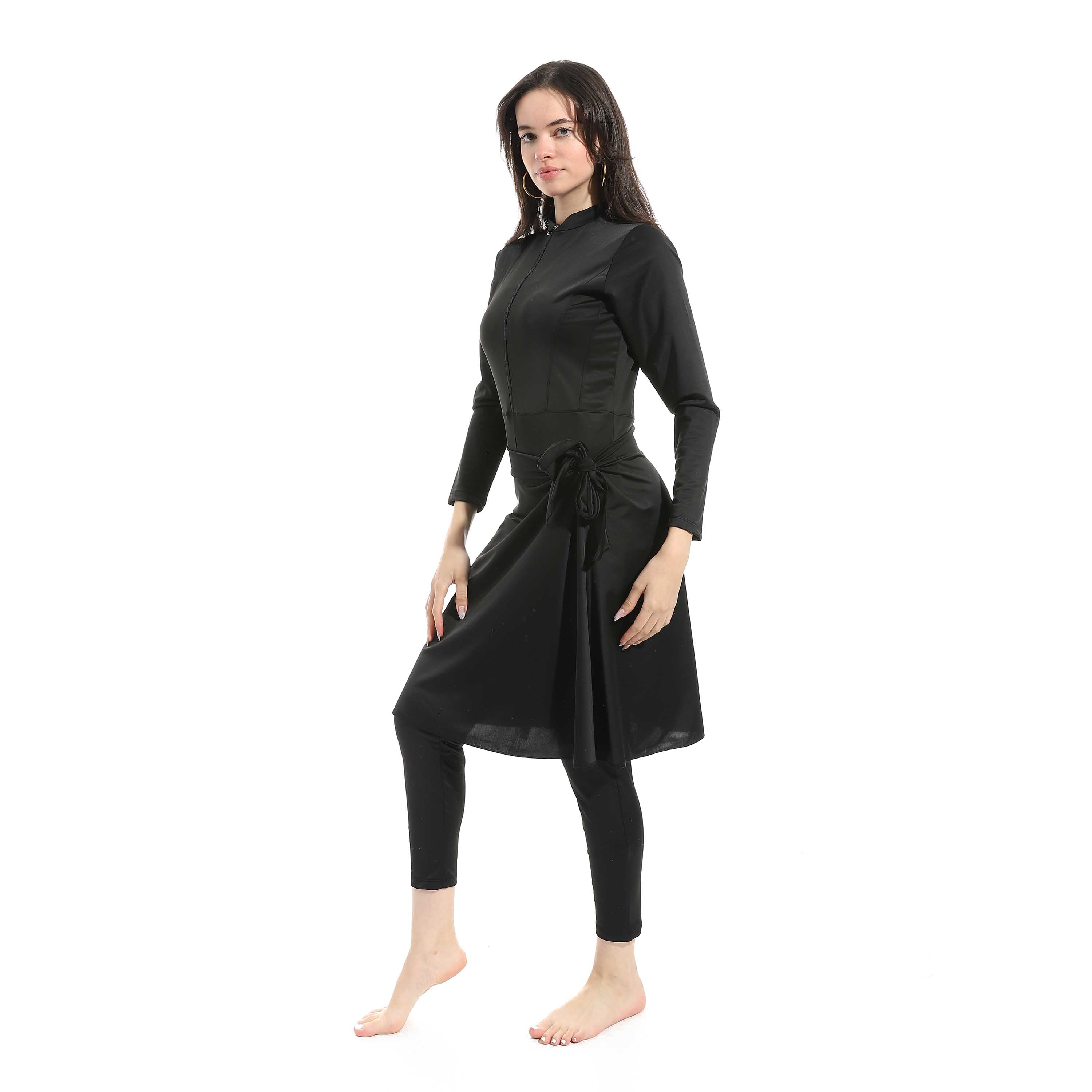 Women's Modest Swimwear Set - Long Sleeve Zip-Up Top with Sarong and Leggings - Black