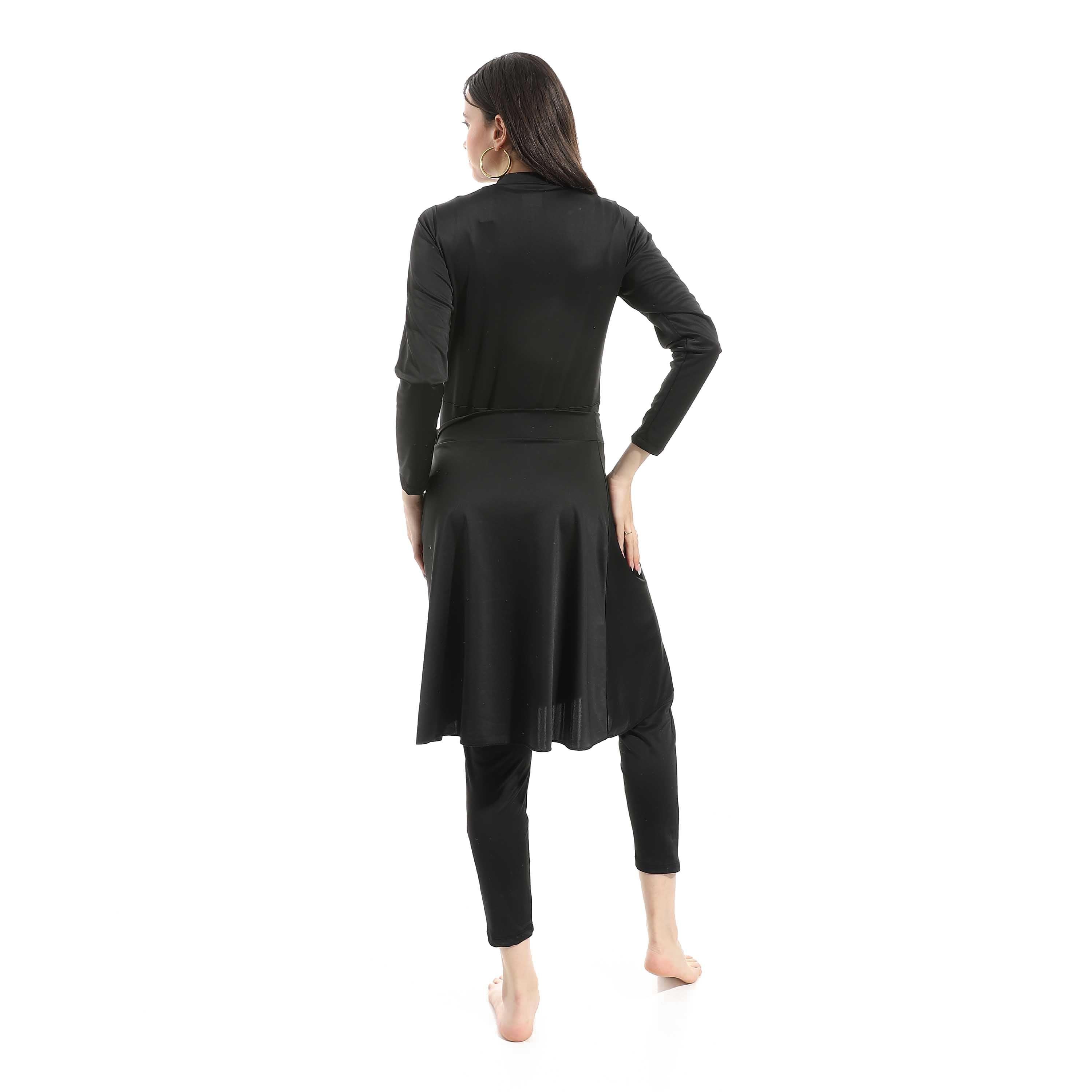 Women's Modest Swimwear Set - Long Sleeve Zip-Up Top with Sarong and Leggings - Black