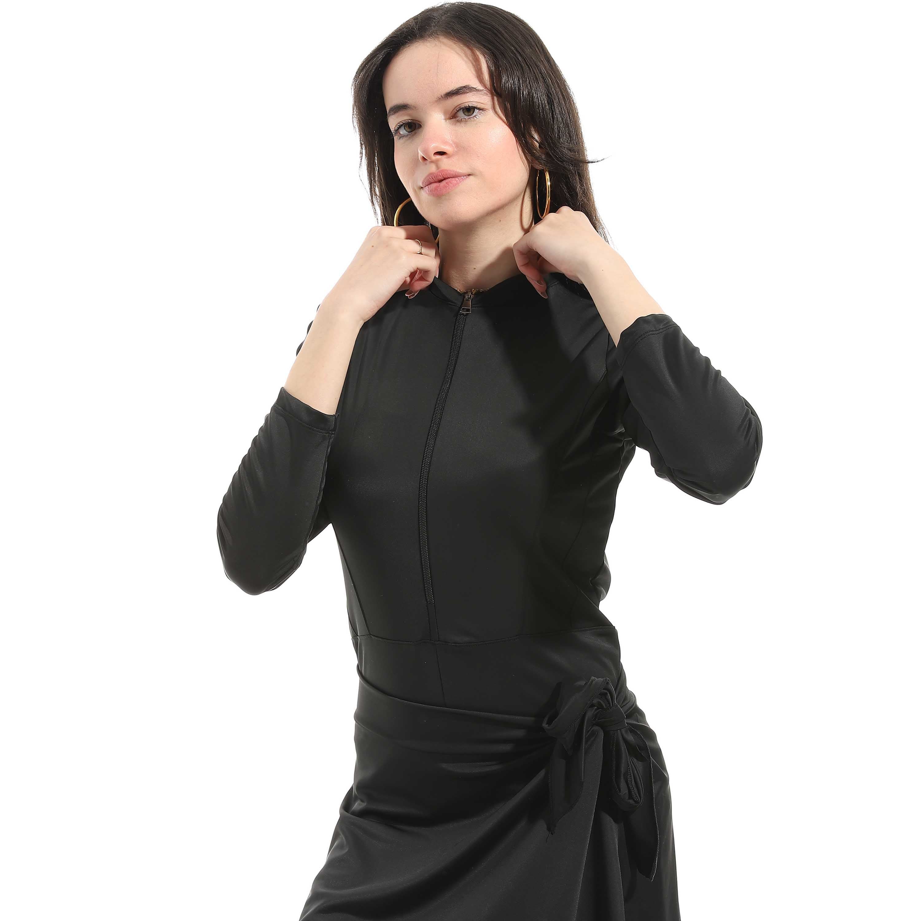 Women's Modest Swimwear Set - Long Sleeve Zip-Up Top with Sarong and Leggings - Black