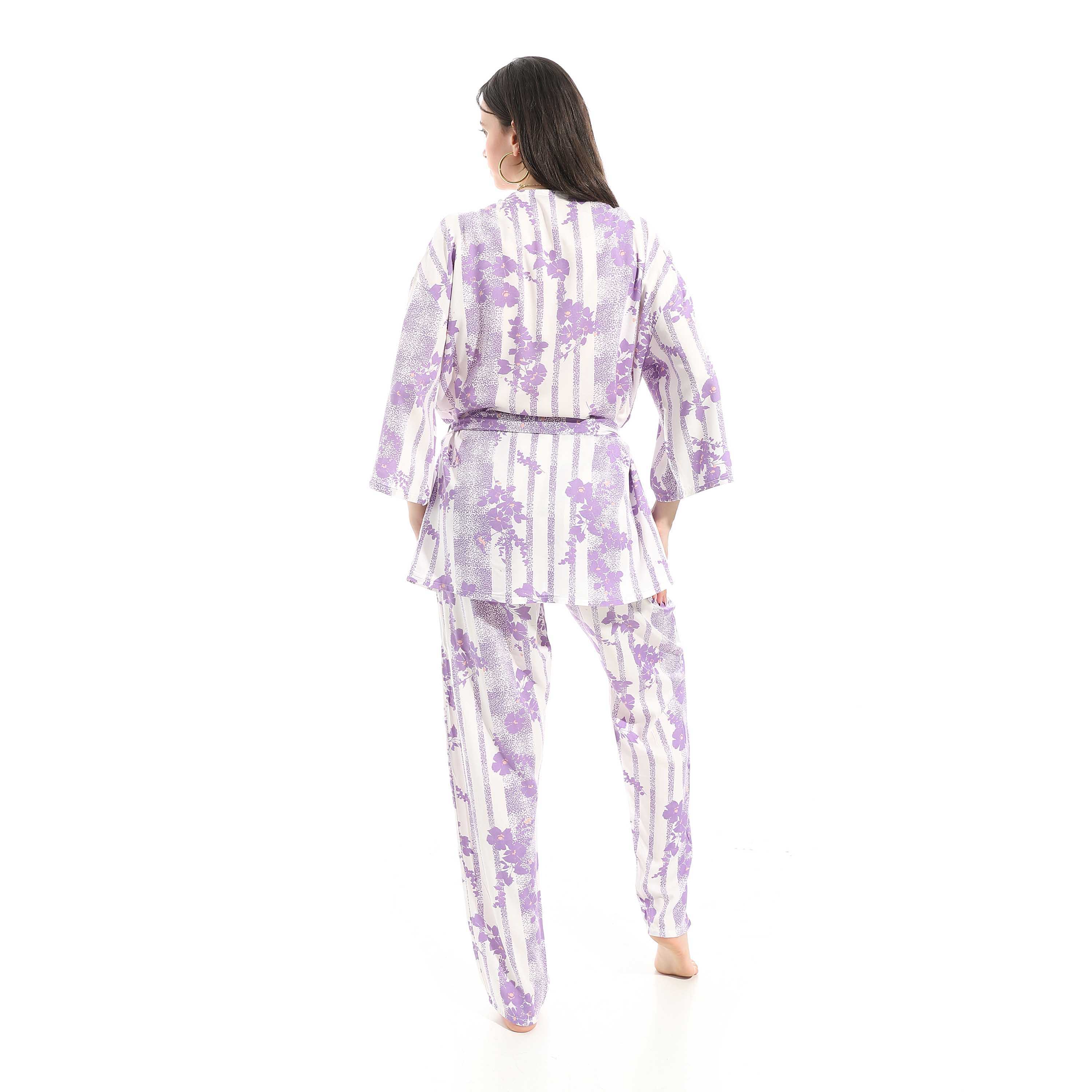 3-Piece Purple Cotton Pajama Set for Women