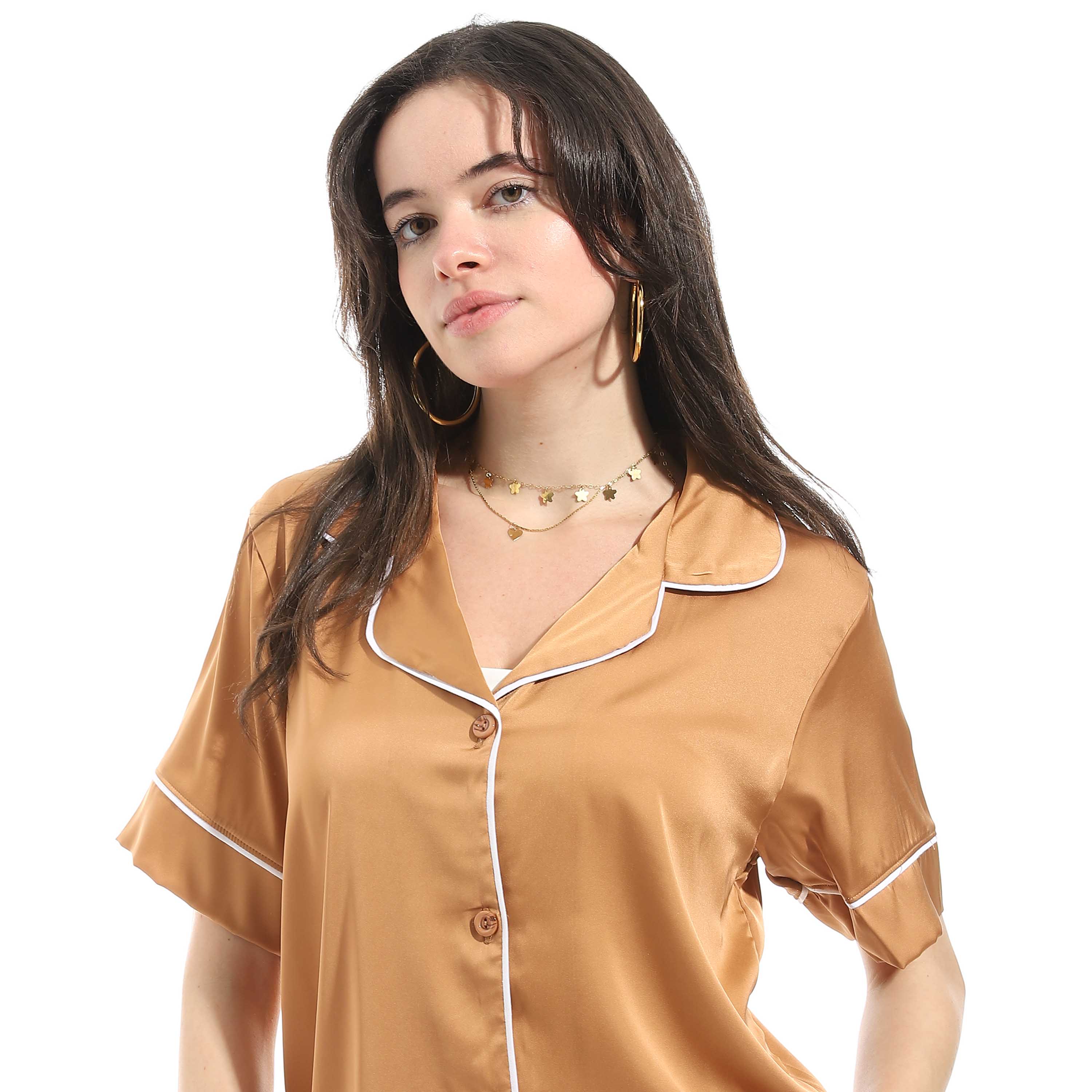 Elegant Satin Women Pajama Set - Camel