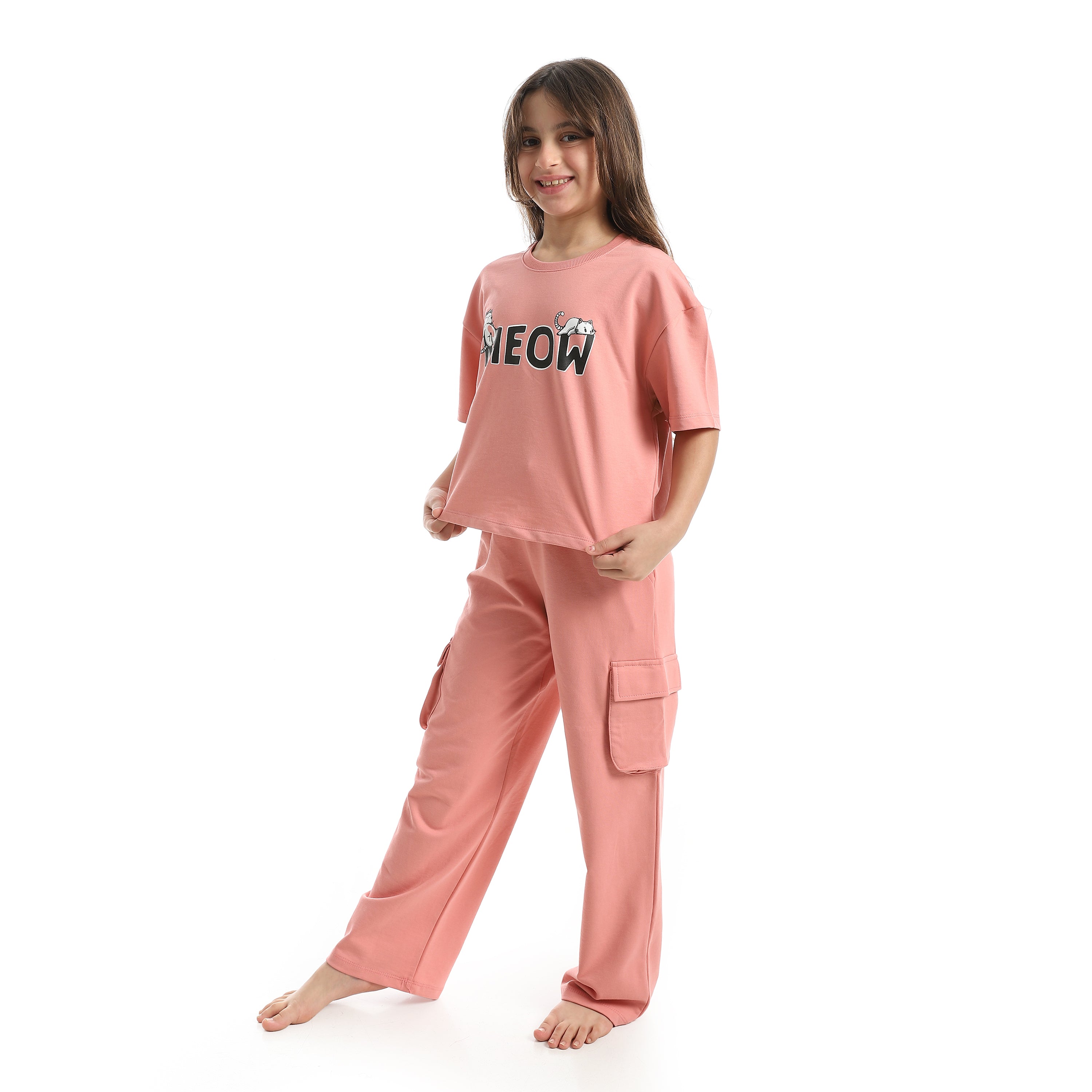 Girls’ Pink Meow Printed Set