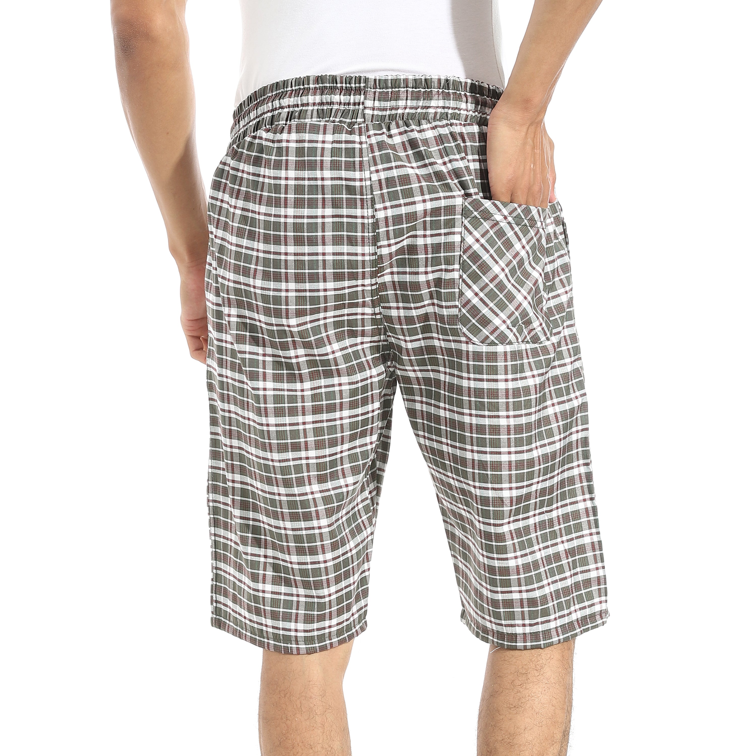 Men's Olive Gingham Check Lounge Shorts with Drawstring Waist