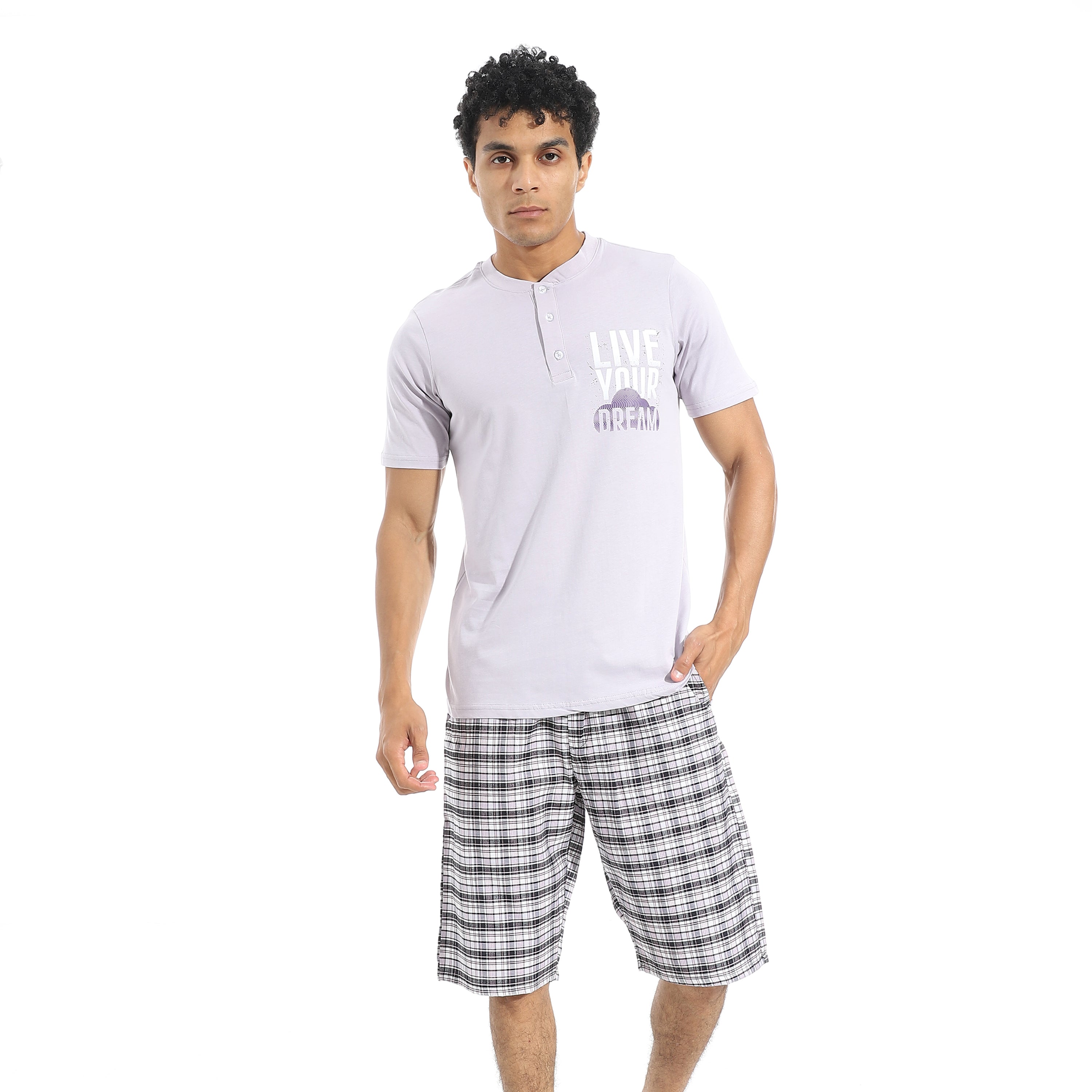 Men’s Cotton Pajama Set – Lavender Henley T-Shirt with Black & White Checkered Short