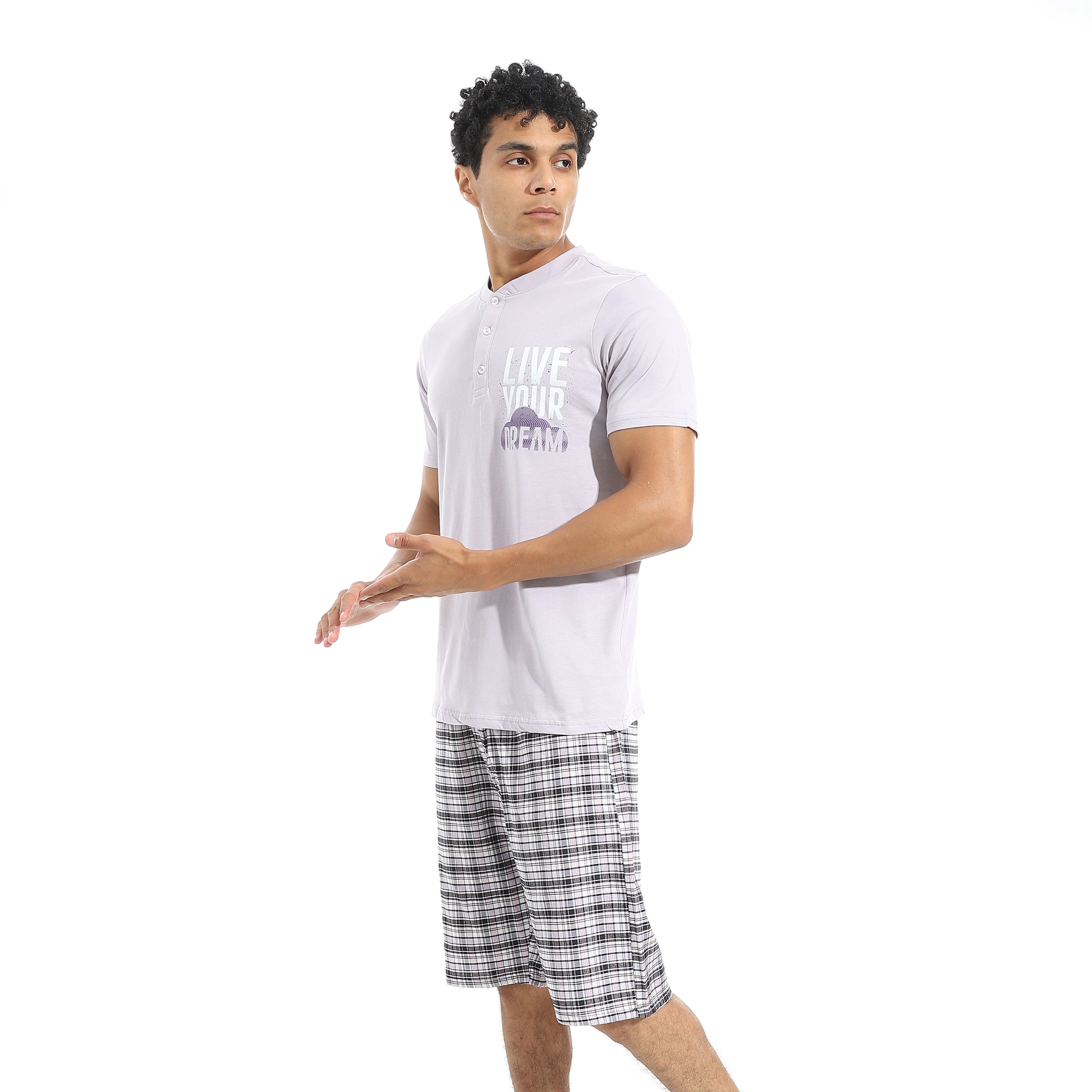 Men’s Cotton Pajama Set – Lavender Henley T-Shirt with Black & White Checkered Short