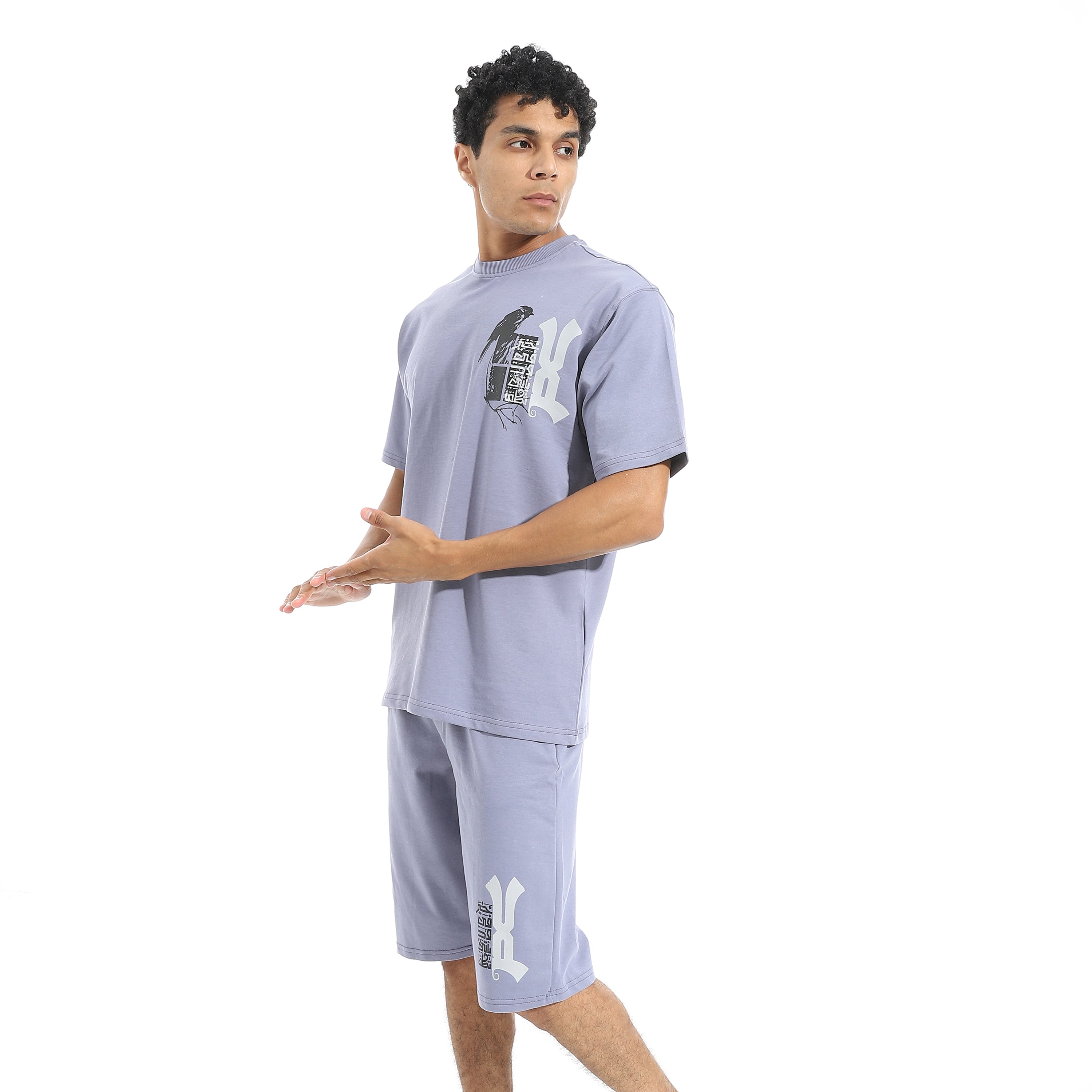 Men's Relaxed Fit Lavender Lounge Short Set with Bold Side Print