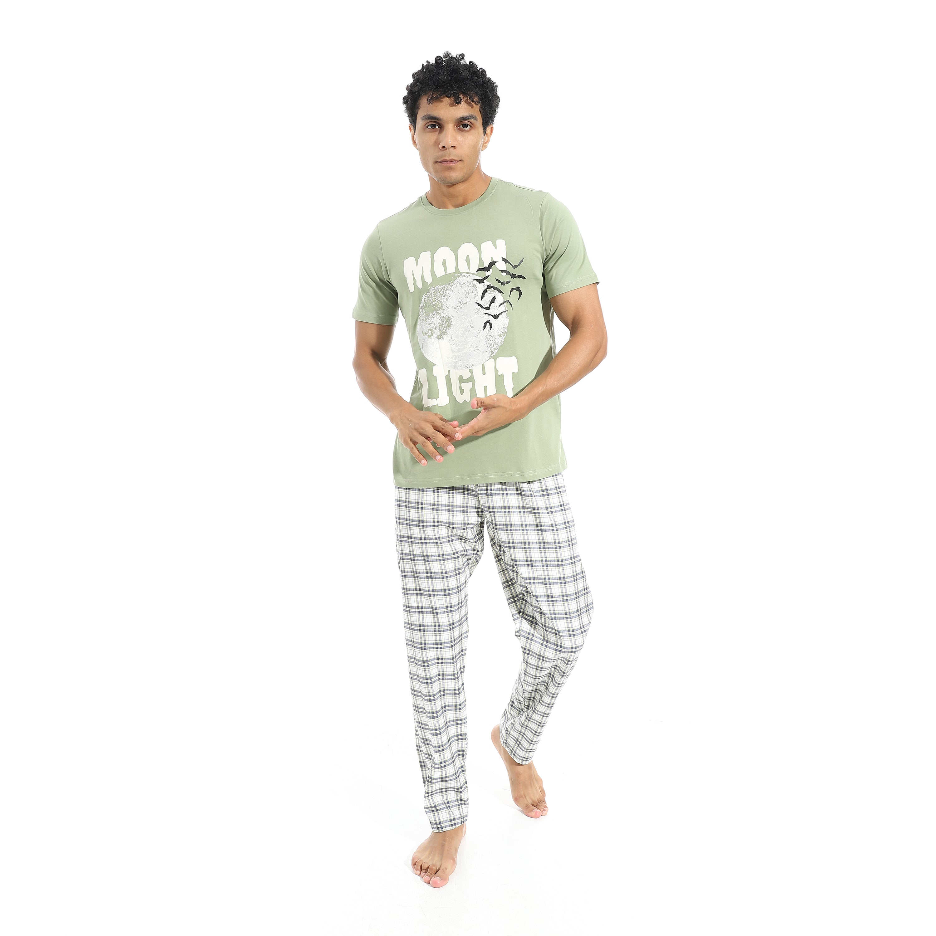 Men's Cotton Pajama Set – Olive Round neck T-Shirt & Red Checkered Pants