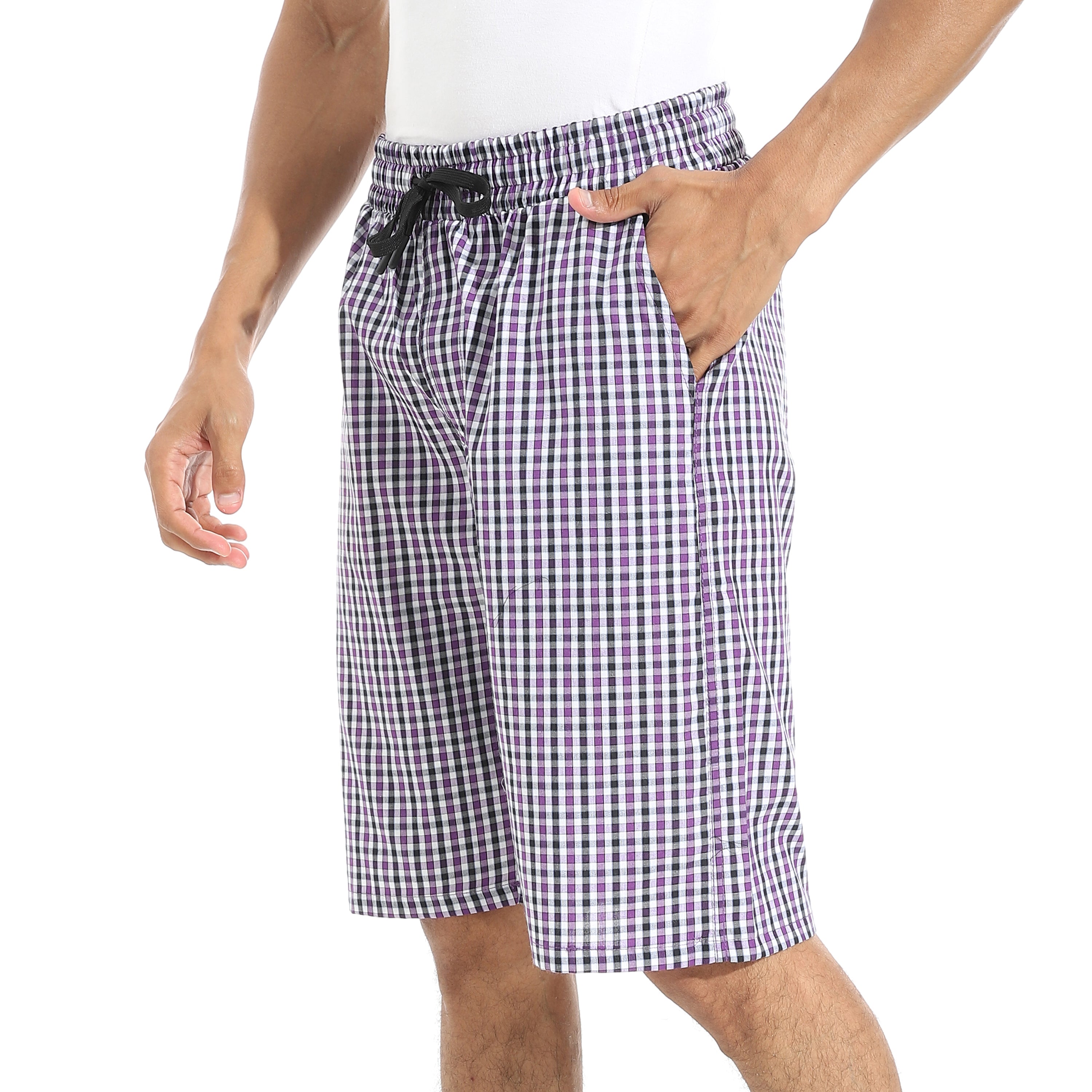 Men's Purple Gingham Check Lounge Shorts with Drawstring Waist