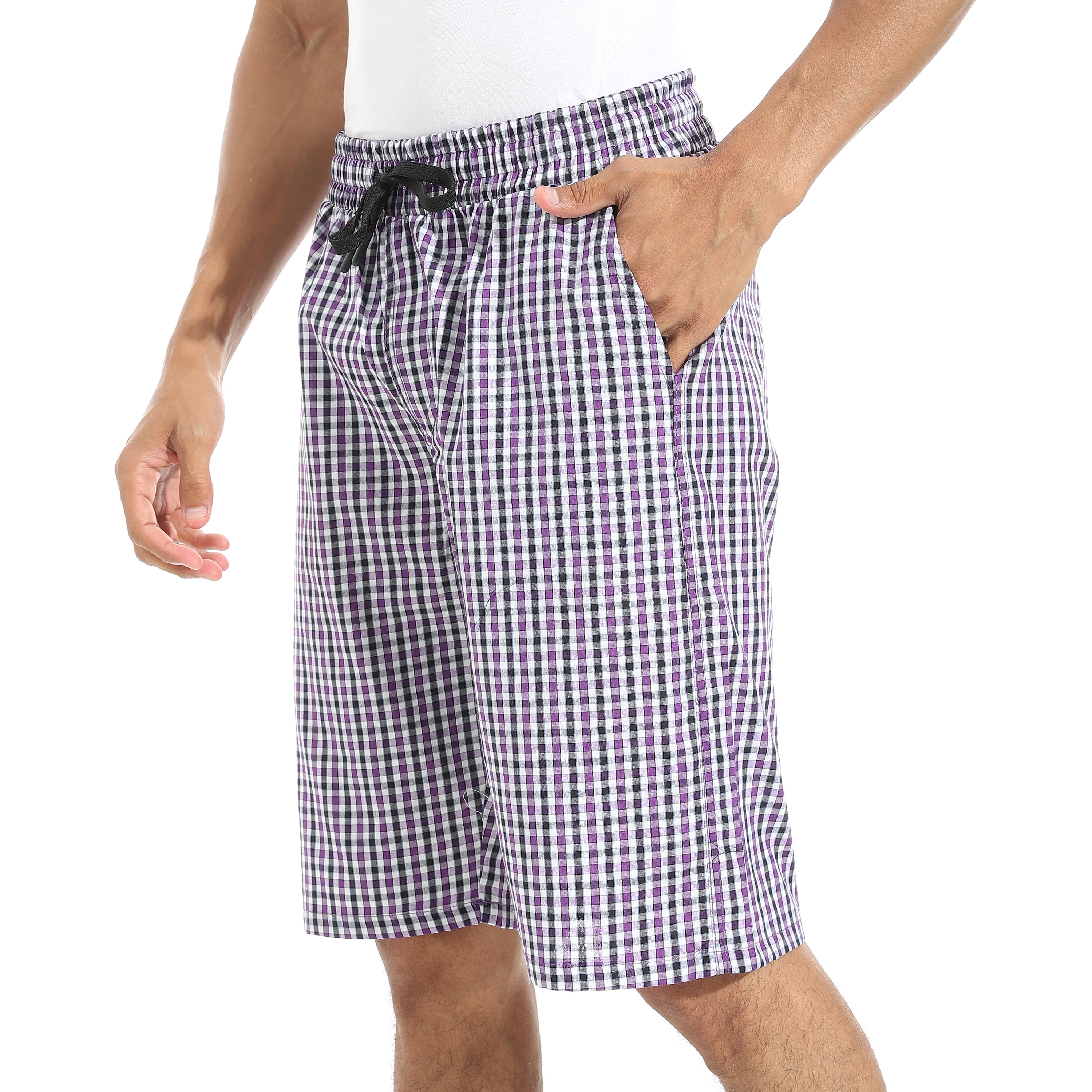 Men's Purple Gingham Check Lounge Shorts with Drawstring Waist