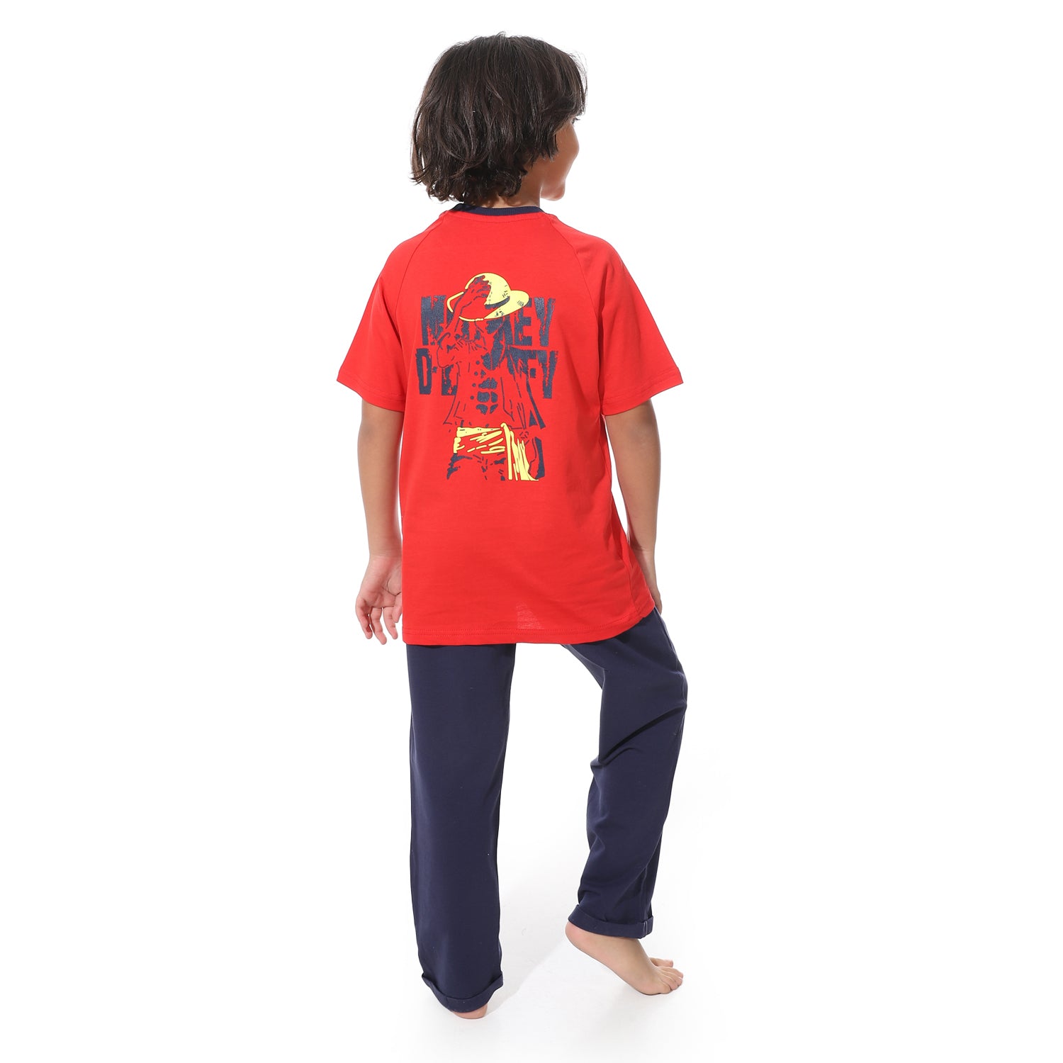Boys' Active Summer Pajama Set – Red T-Shirt & Printed Navy Loose-Fit Pants