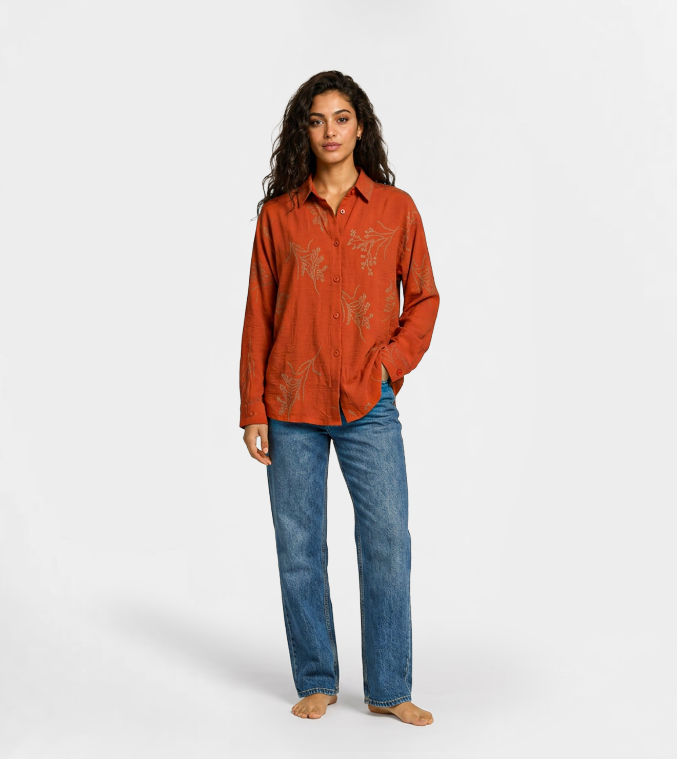 Women Long-Sleeve Embroidered Shirt in Burnt Orange
