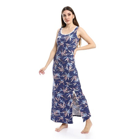 Patterned Sleeveless Long Nightgown With Side Slit - Mauve