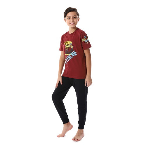 Boy's Summer Pajama Pants and Half Sleeves-dark red
