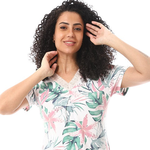قميص نوم أبيض حريمي منقوش زهور قطن ناعم ومريح