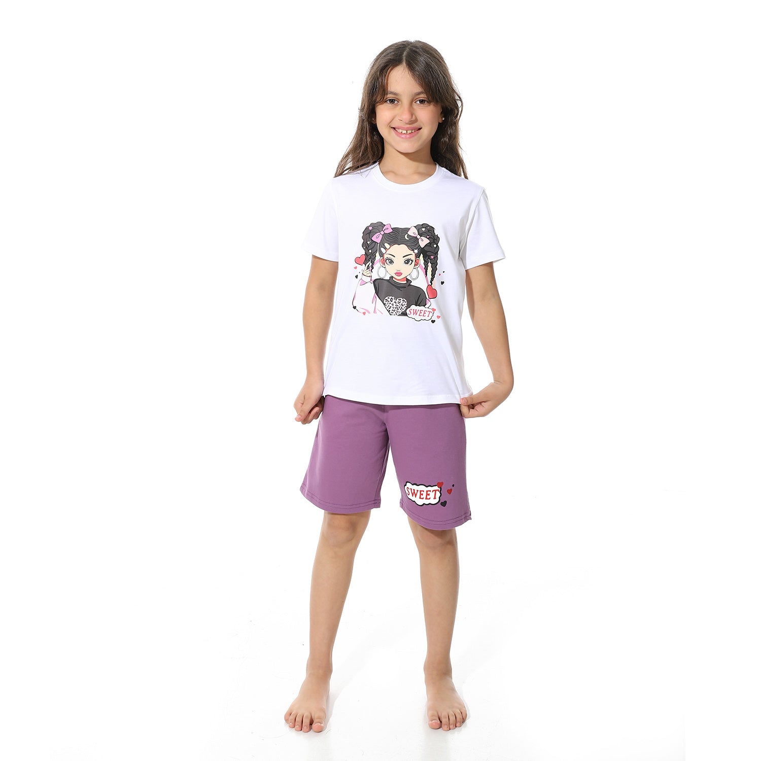 Girls’ Purple "Sweet" Printed Short Pajama Set