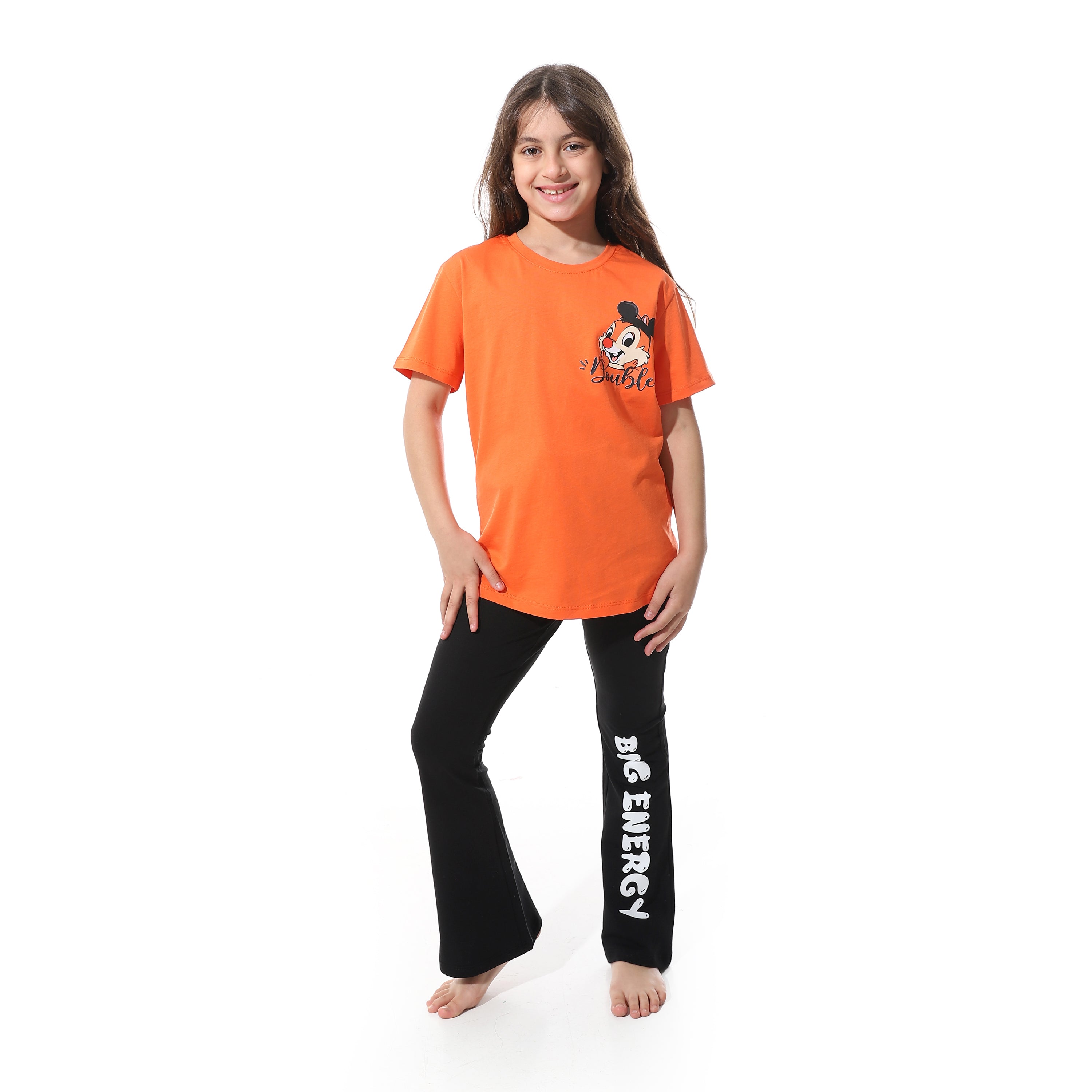 Girls' Cartoon Printed Pajama Sets with Back Print -Orange
