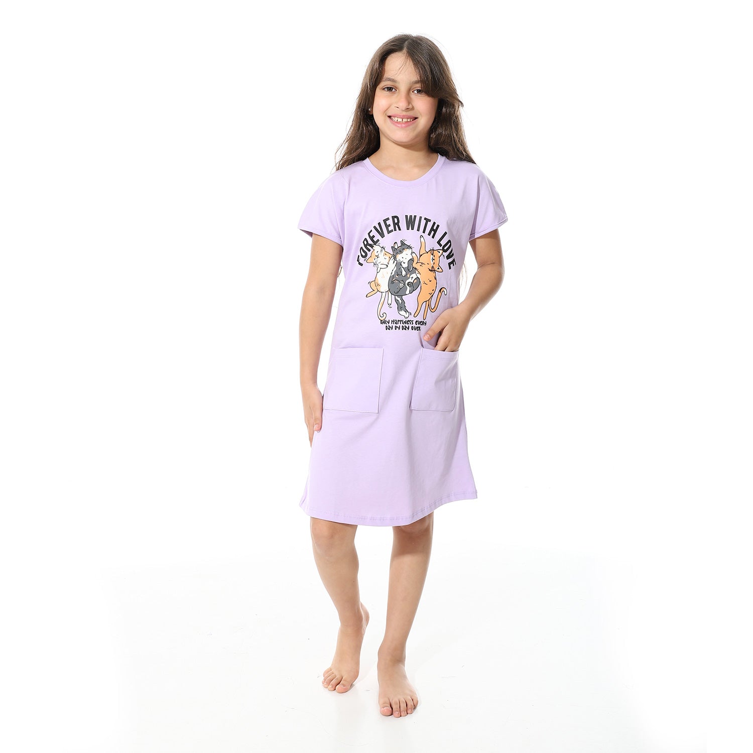 Girls' Cotton Short Dress "Forever with love" - Purple