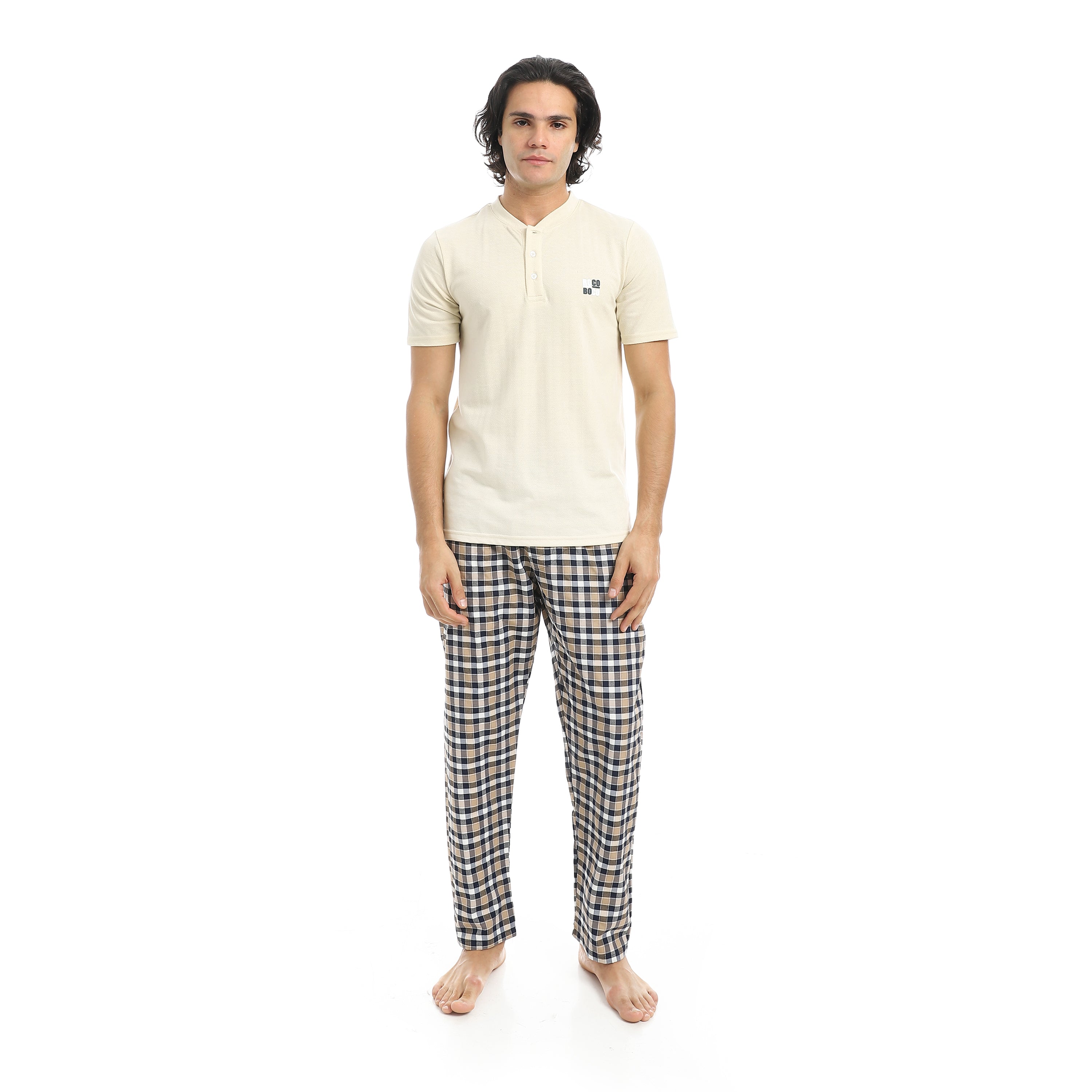 Men’s Cotton Pajama Set – Off White Henley T-Shirt with Checkered Pants