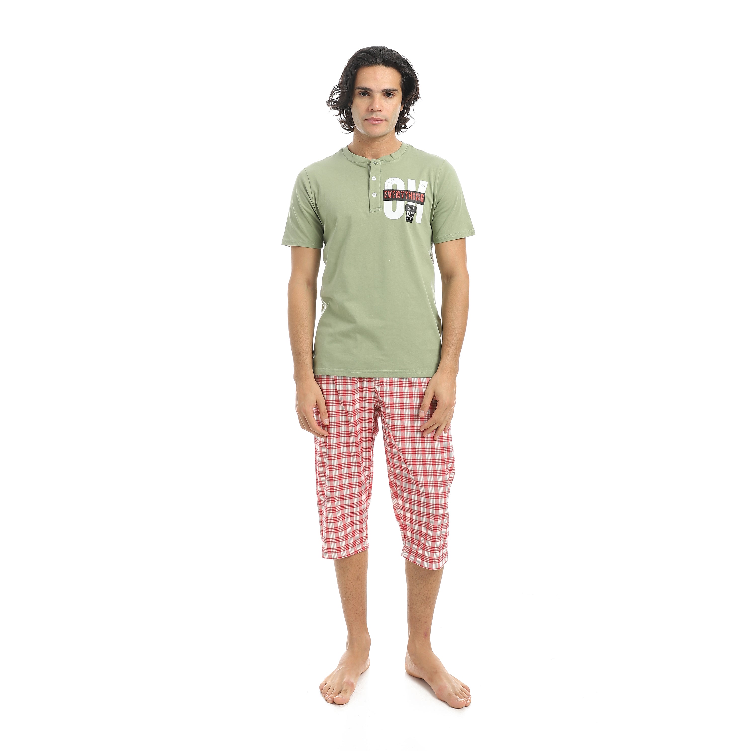 Men’s Cotton Pajama Set – Olive Henley T-Shirt Checkered Pantacourt