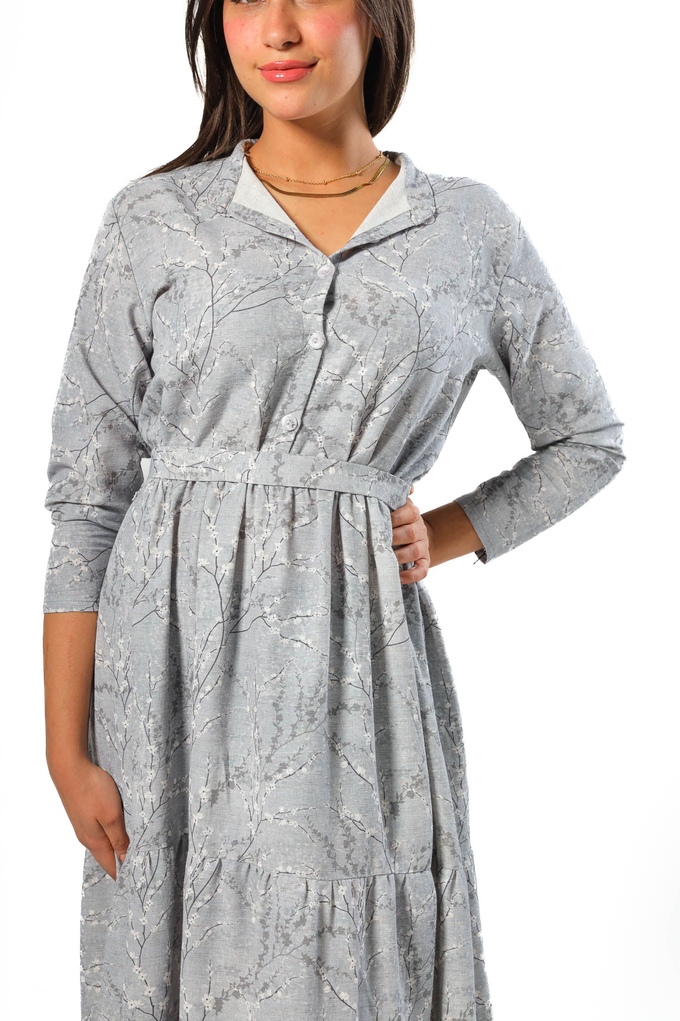 Elegant Women's Linen Dress with Buttons - Grey