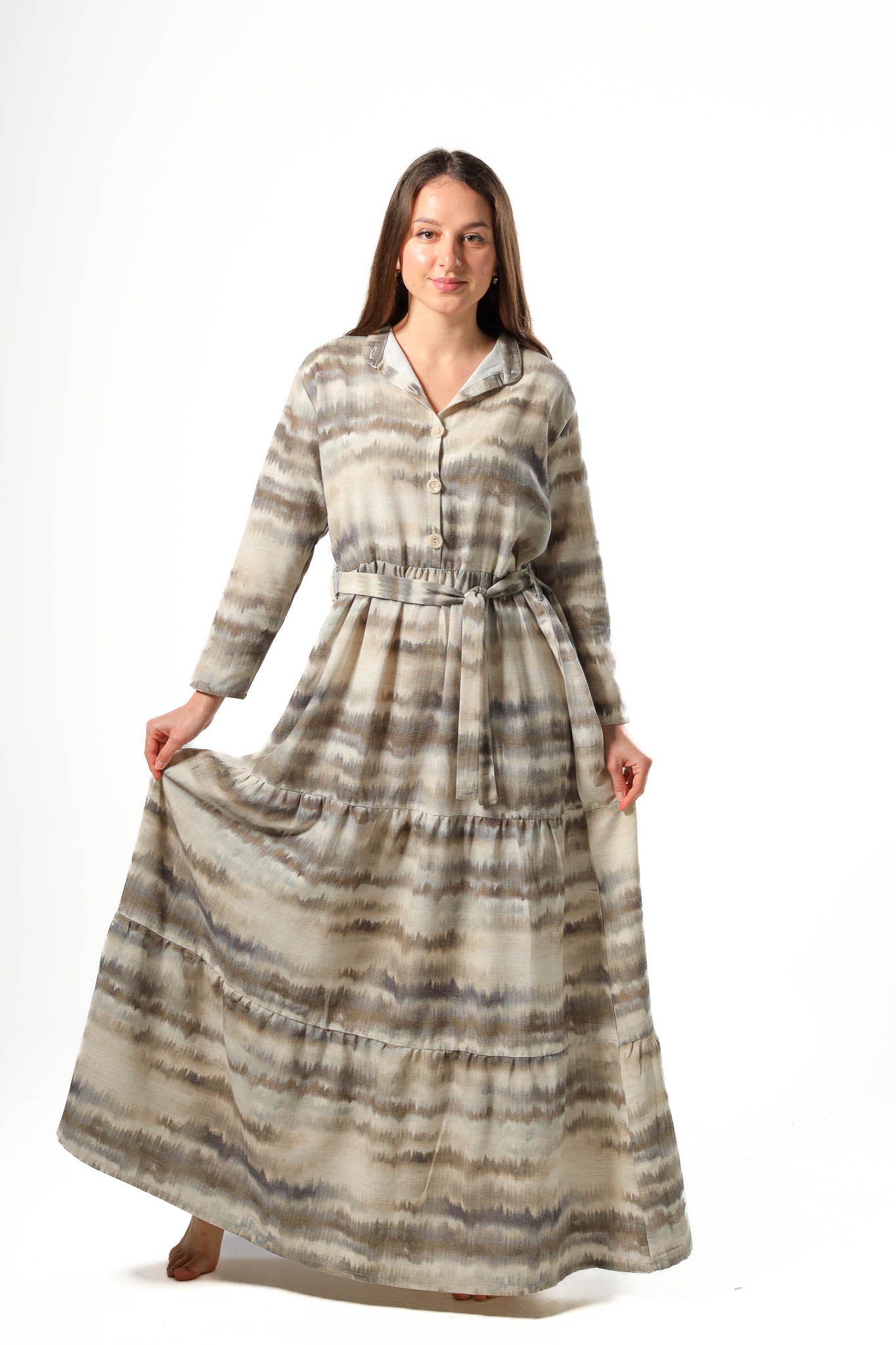 Elegant Women's Linen Dress with Buttons - Olive