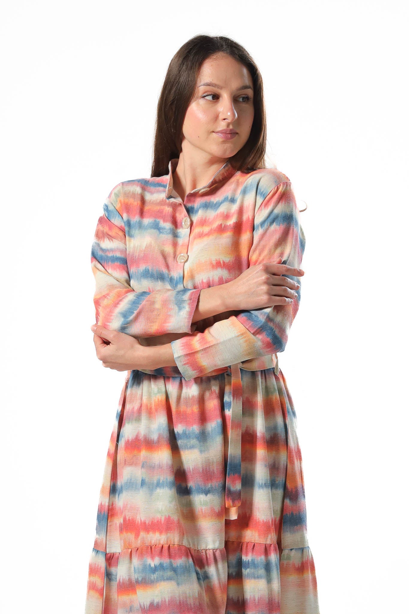 Elegant Women's Linen Dress with Buttons - Orange