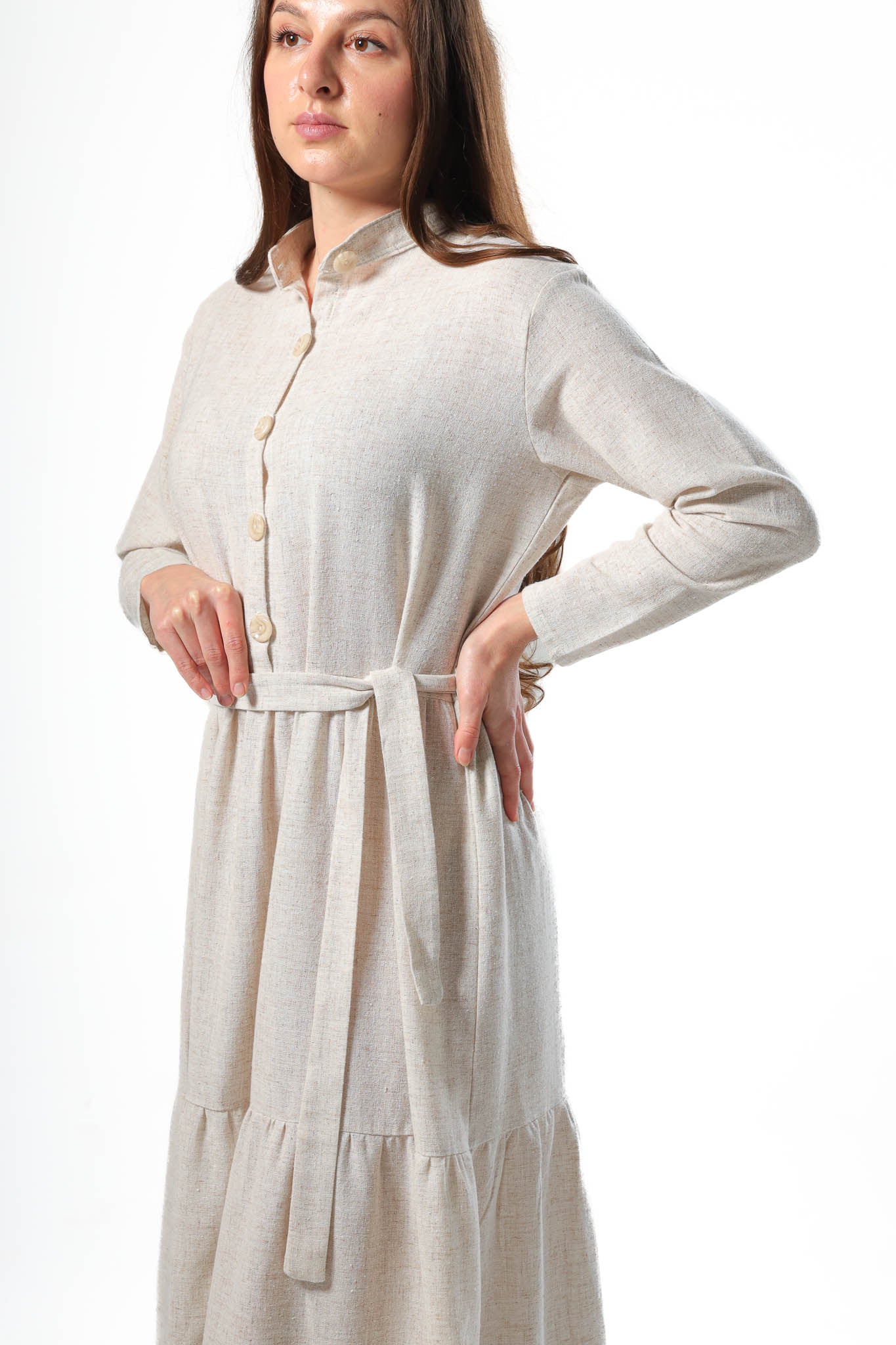 Elegant Women's Linen Dress with Buttons - Beige