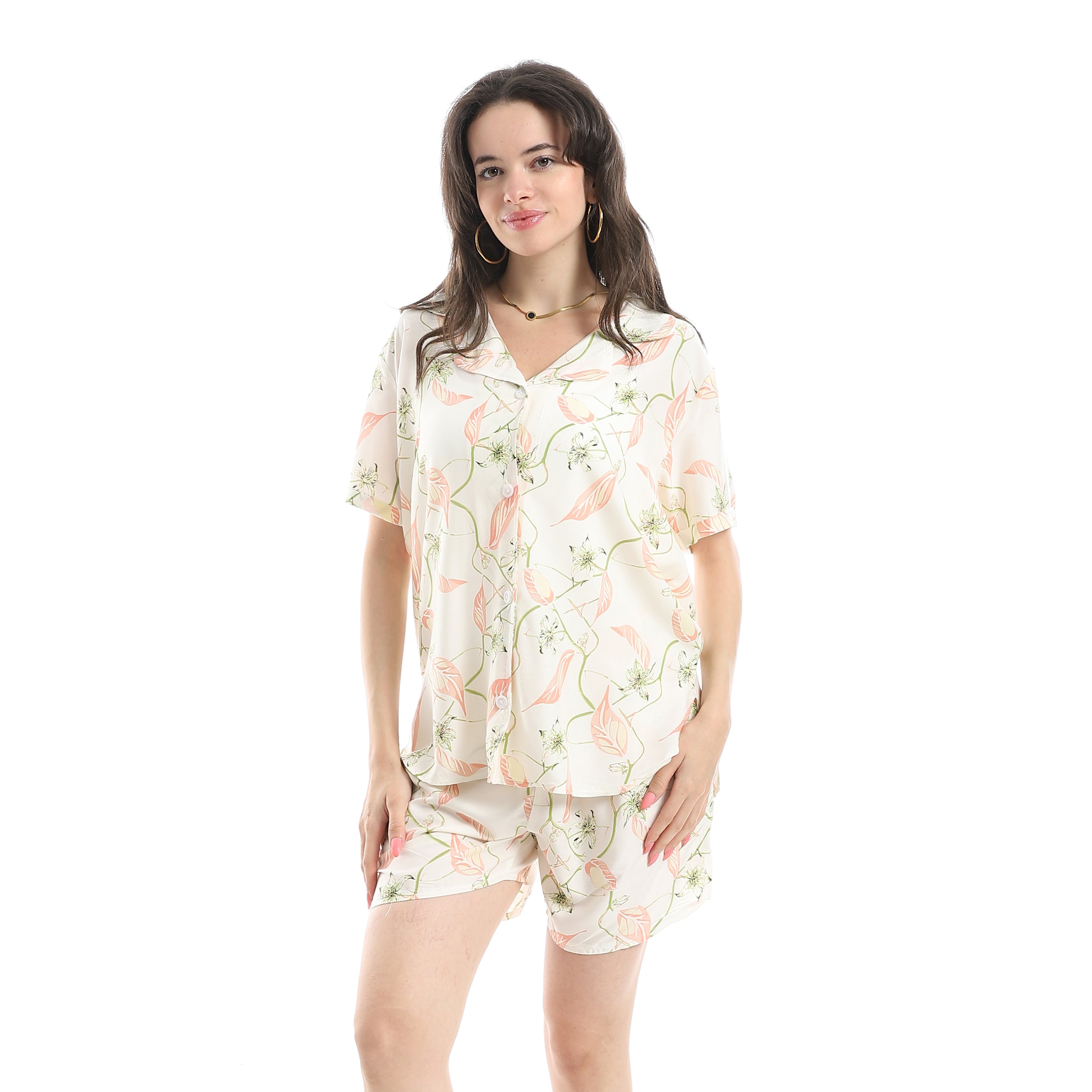 Women's Pajama Set With Short Sleeves and Shorts With Colorful Flowers
