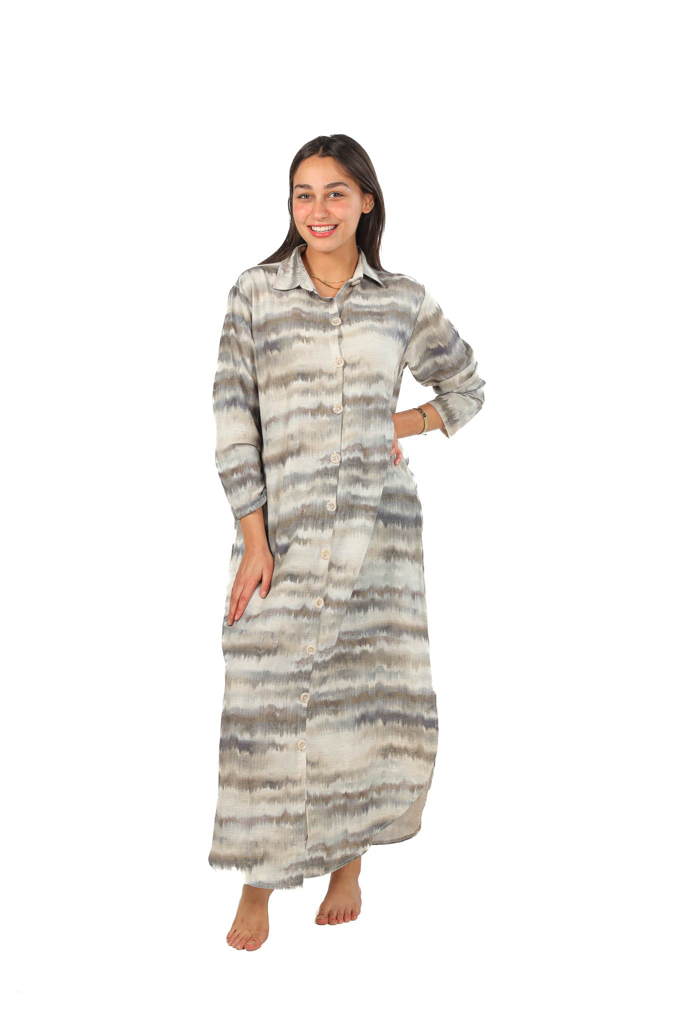 Elegant Striped Maxi Shirt Dress - Olive