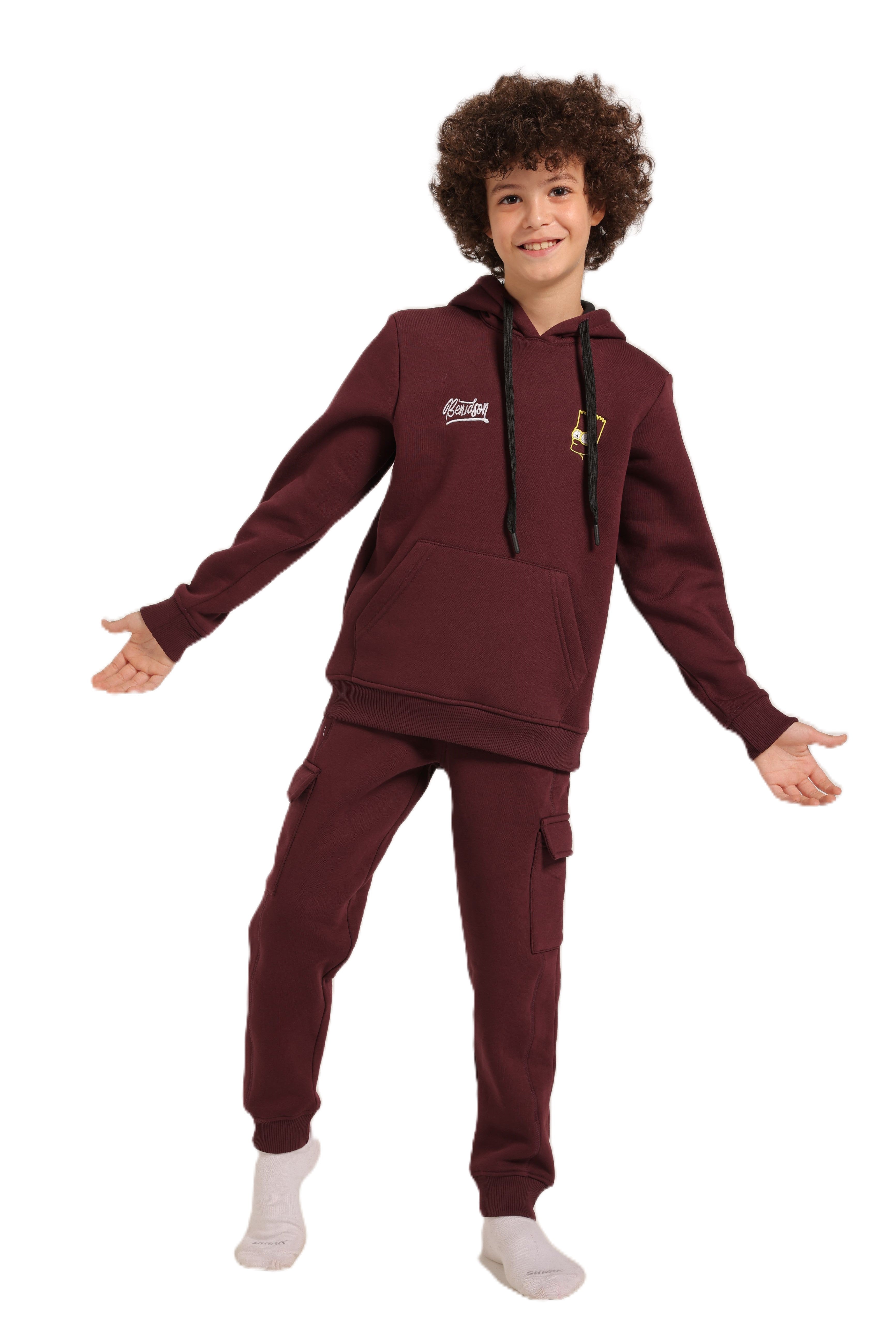 Boys’ Maroon Hoodie Pajama Set with Cartoon Back Print
