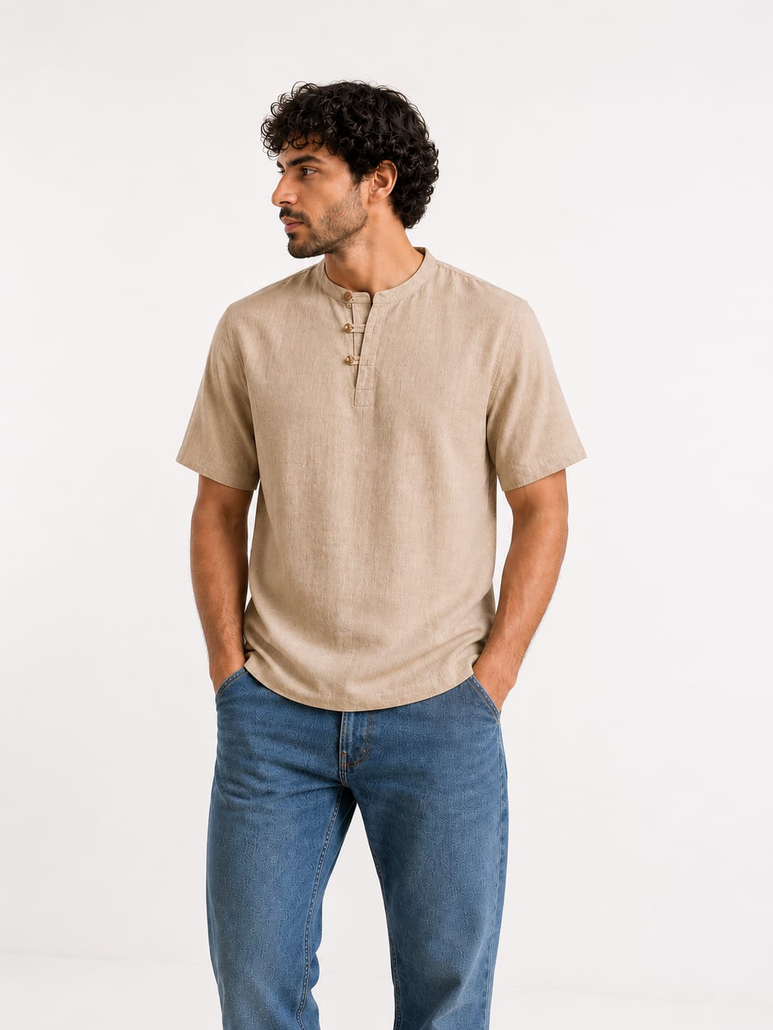 Men Short Sleeve Henley Linen T-Shirt