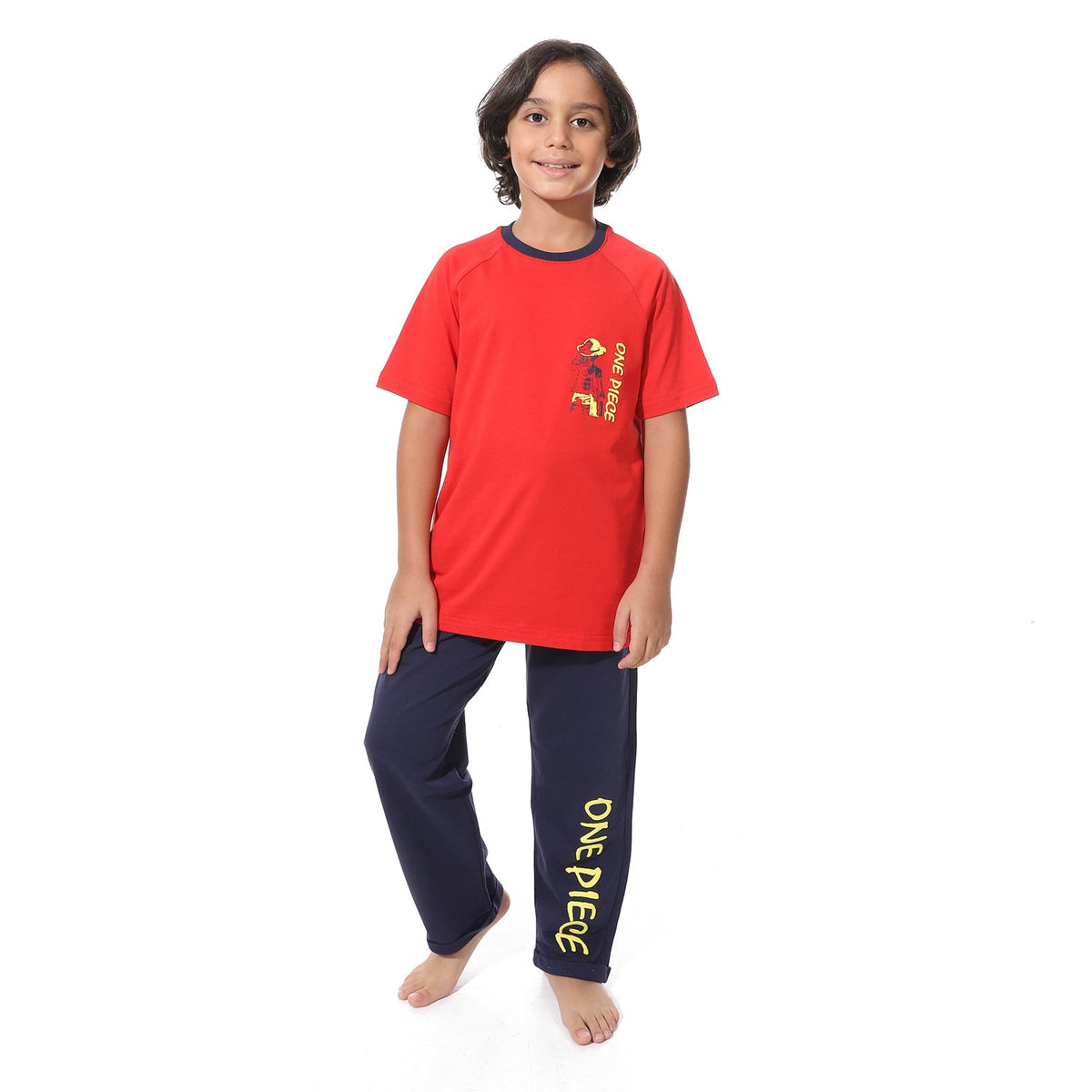 Boys' Active Summer Pajama Set – Red T-Shirt & Printed Navy Loose-Fit Pants - Red Cotton