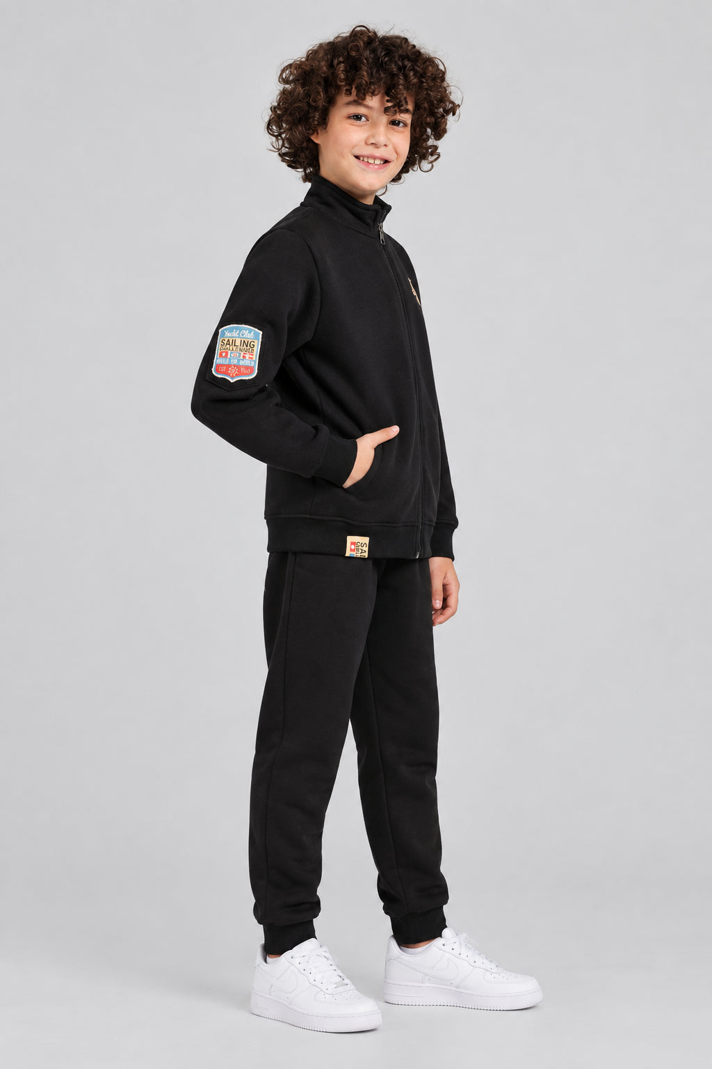 Boy’s Black Milton Tracksuit – Cozy Winter Set with Zipper Jacket & Jogger Pants - Red Cotton