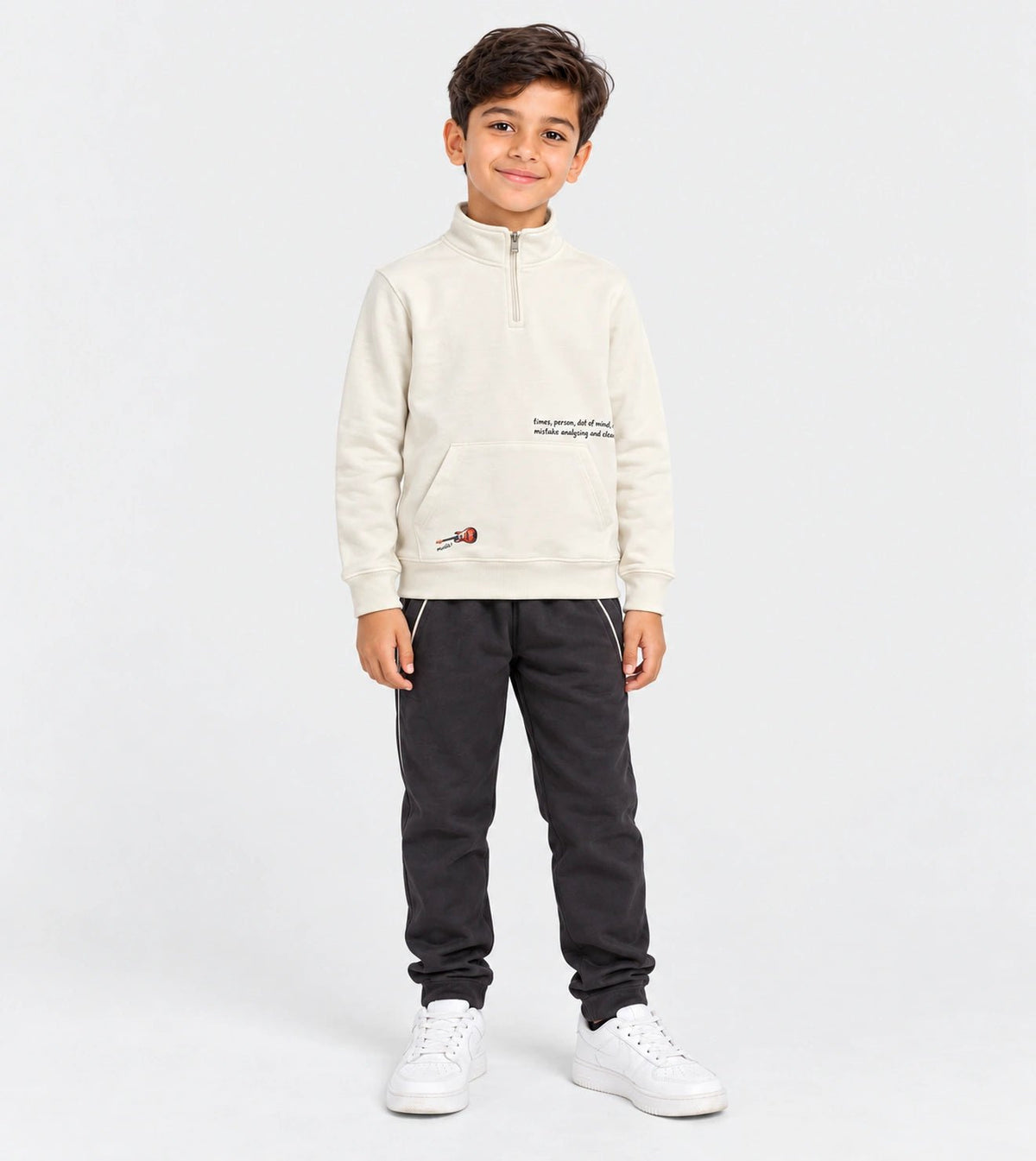 Boys’ Off-White Half-Zip Sweatshirt & Black Jogger Set - Red Cotton