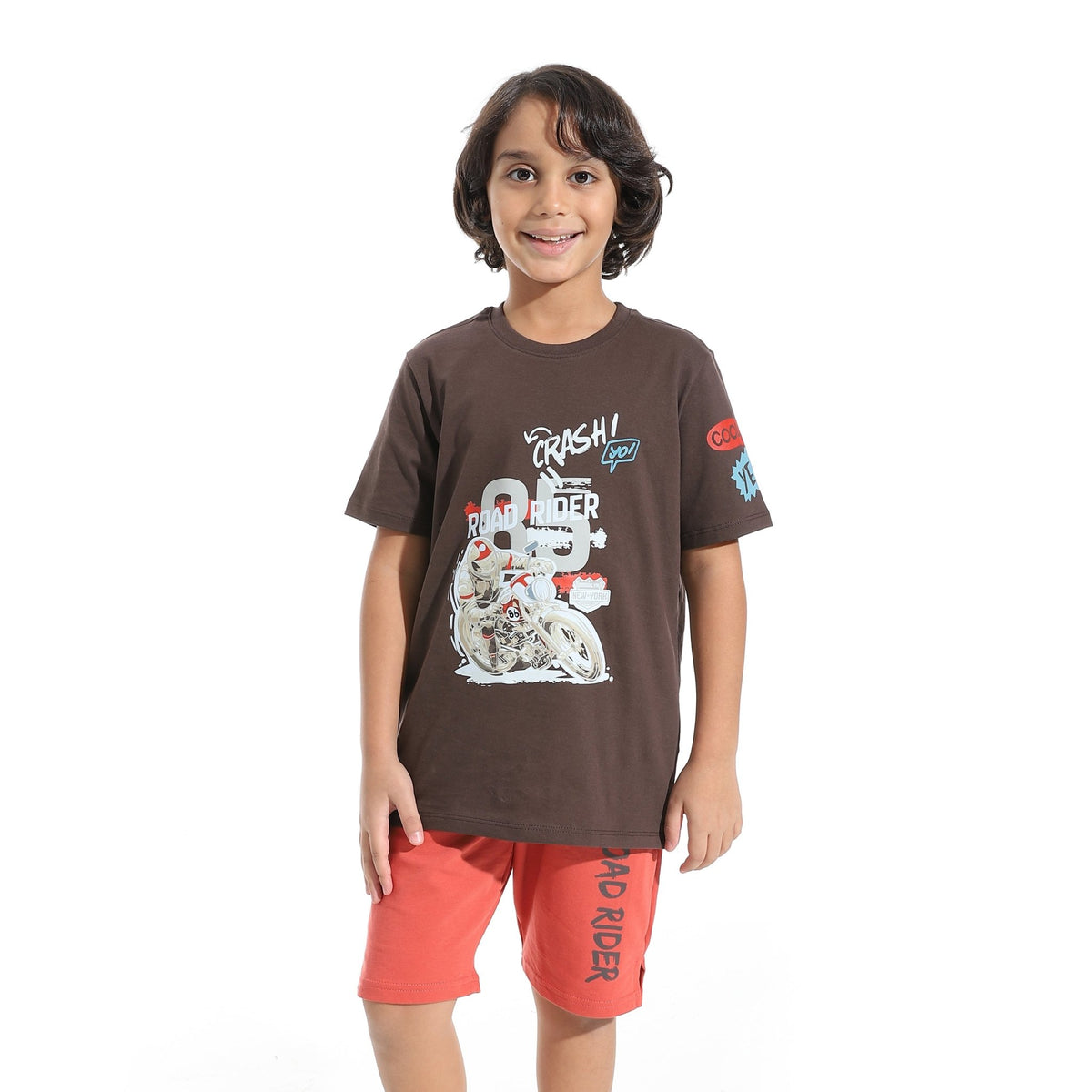Boys’ Short Pajama Set with Print - Brown - Red Cotton