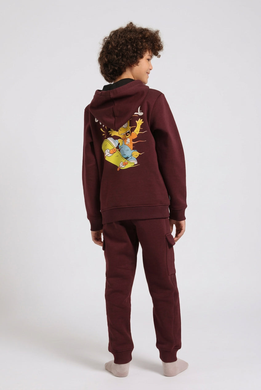 Boys’ Maroon Hoodie Pajama Set with Cartoon Back Print