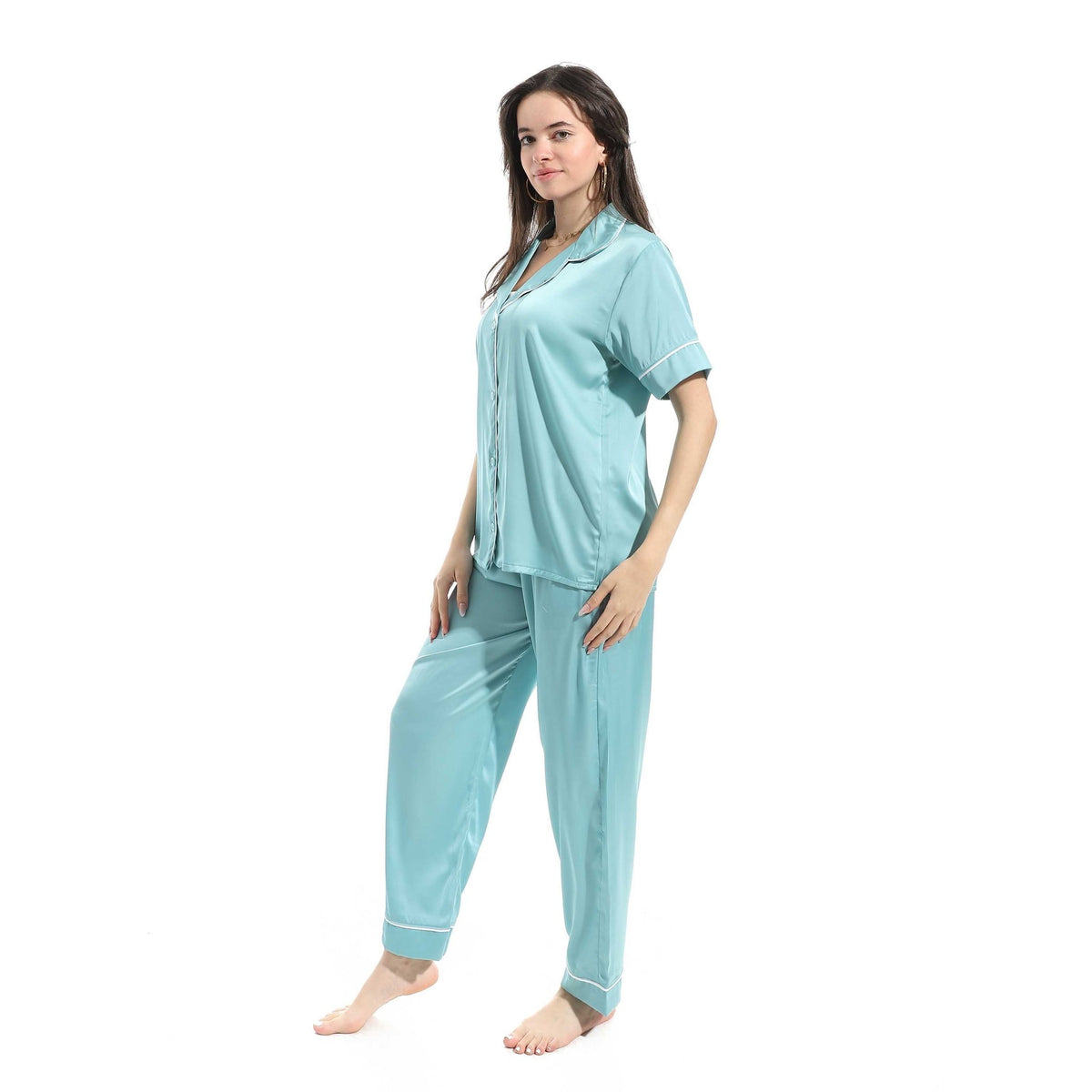Elegant Satin Women Pajama Set - Blue - Red Cotton