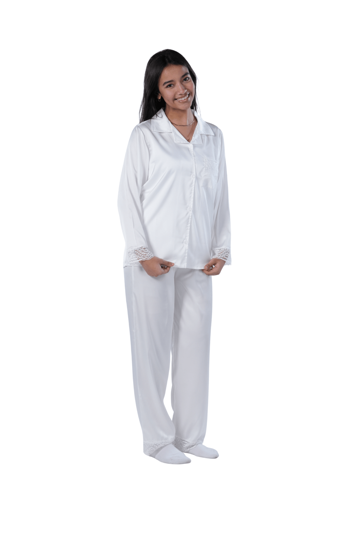 Elegant White Satin Pajama Set with Lace Trim - Red Cotton
