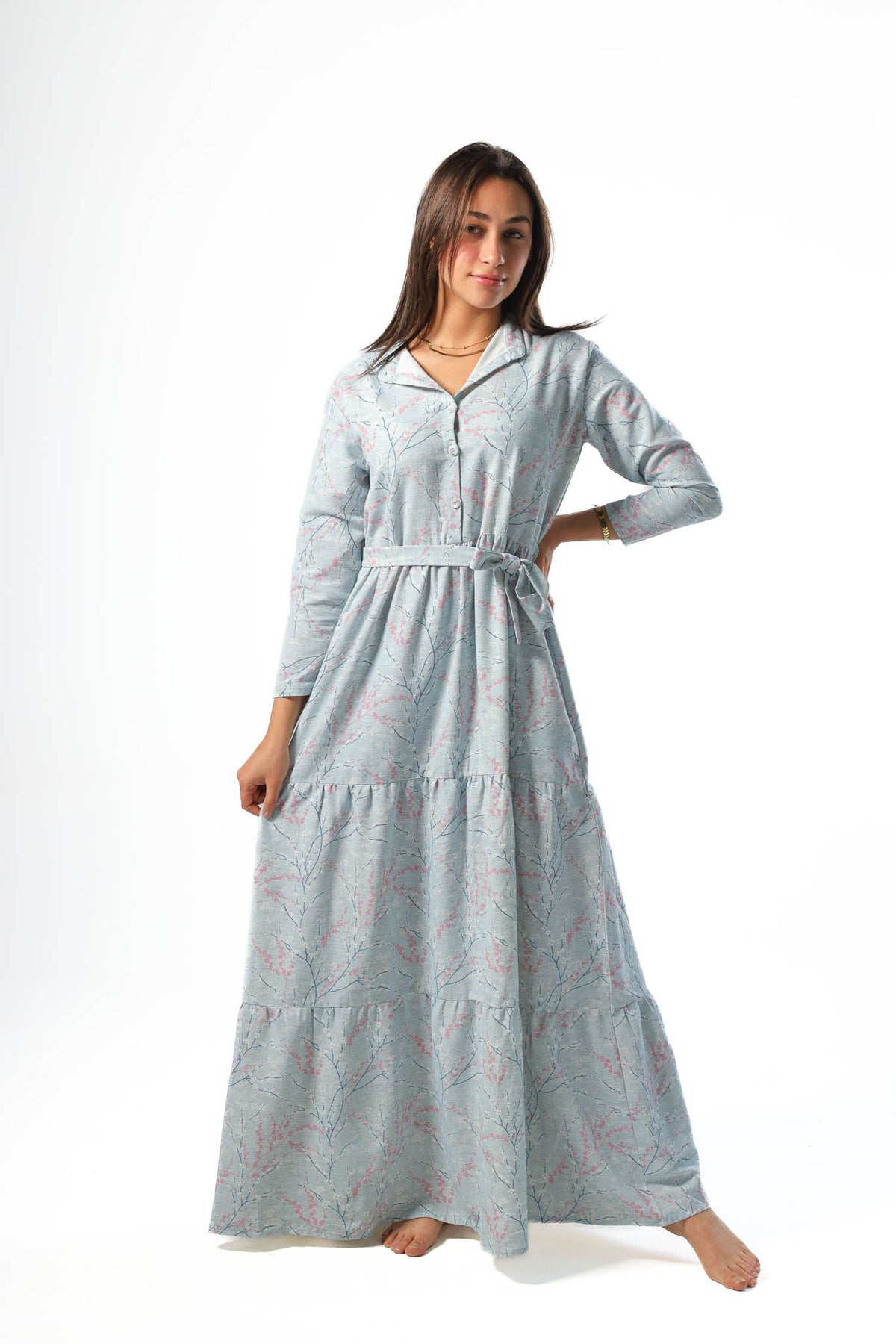 Elegant Women's Linen Dress with Buttons - Lite Blue - Red Cotton