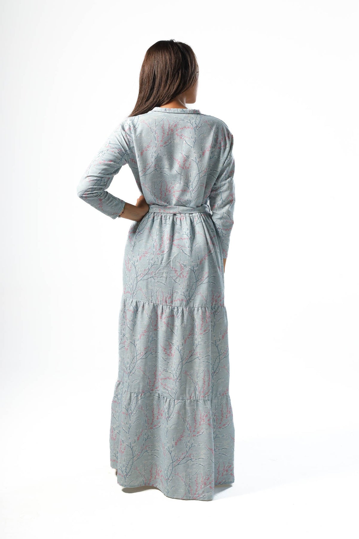 Elegant Women's Linen Dress with Buttons - Lite Blue - Red Cotton